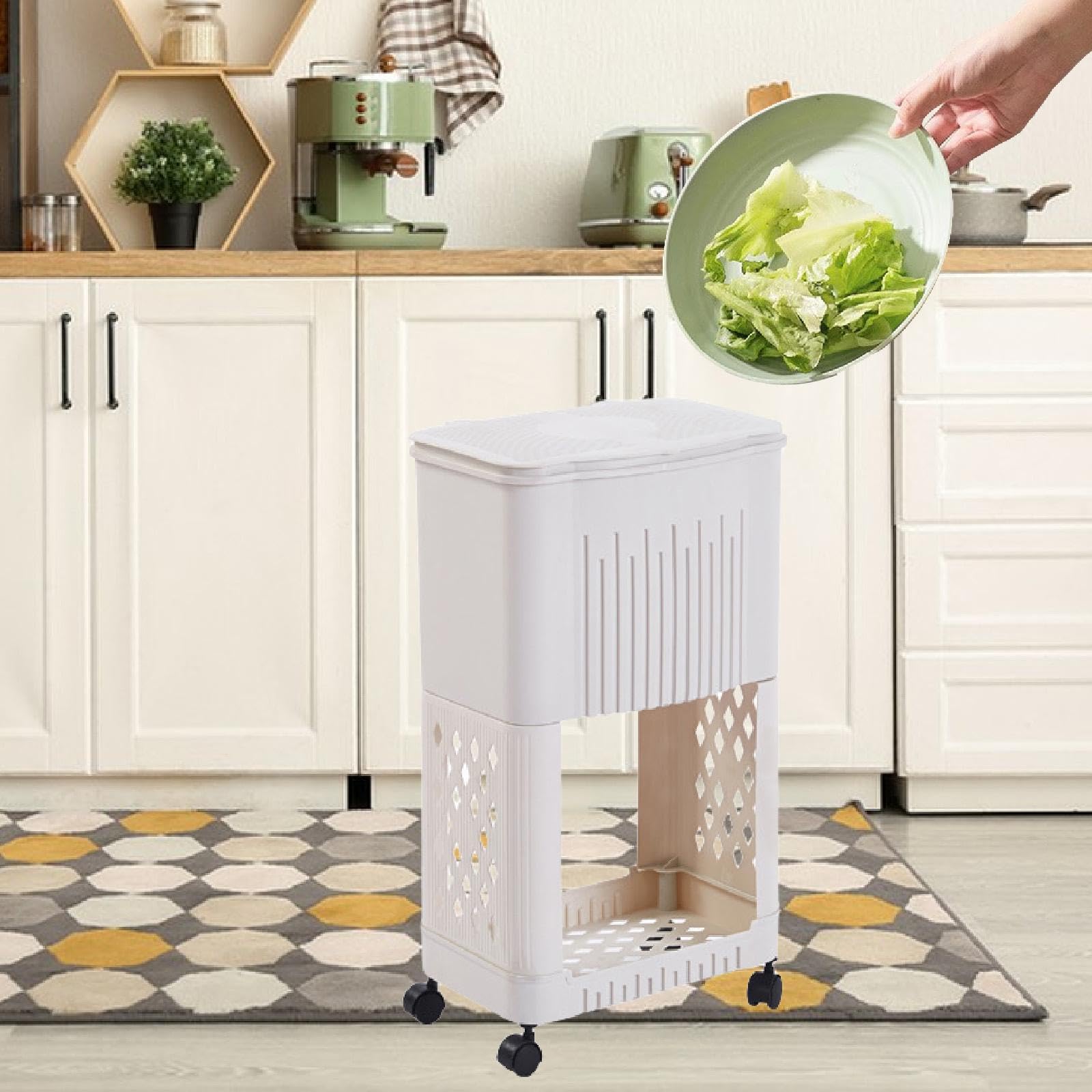 Cestino per La Spazzatura da Cucina, Cestino Stretto con Ripiano Portaoggetti, Contenitore per La Spazzatura Salvaspazio, Decorazione con Coperchio PE, 2 Livelli 29 Cm X 18 Cm X 48 Cm