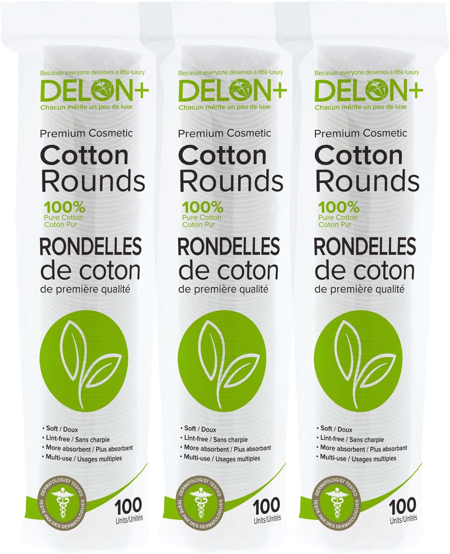 Delon Premium Dual-Sided Cotton Rounds, 100 Count (Pack of 1) – Lint-Free, Hypoallergenic, 100% Cotton Pads for Makeup, Skincare & Nails – Made in Canada