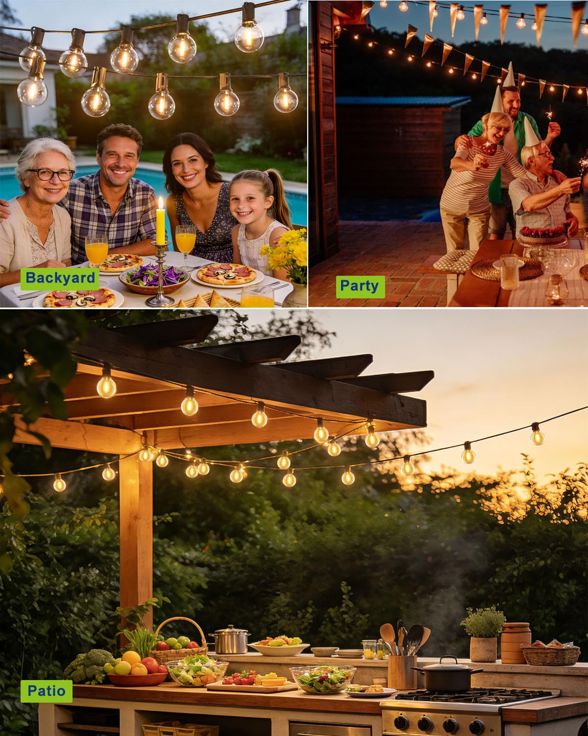 Tira de luces LED para exteriores de 200 pies, con 104 bombillas de plástico irrompibles, G40, regulables, conectables, para patio trasero, bistró, cafetería, exterior, 2 unidades