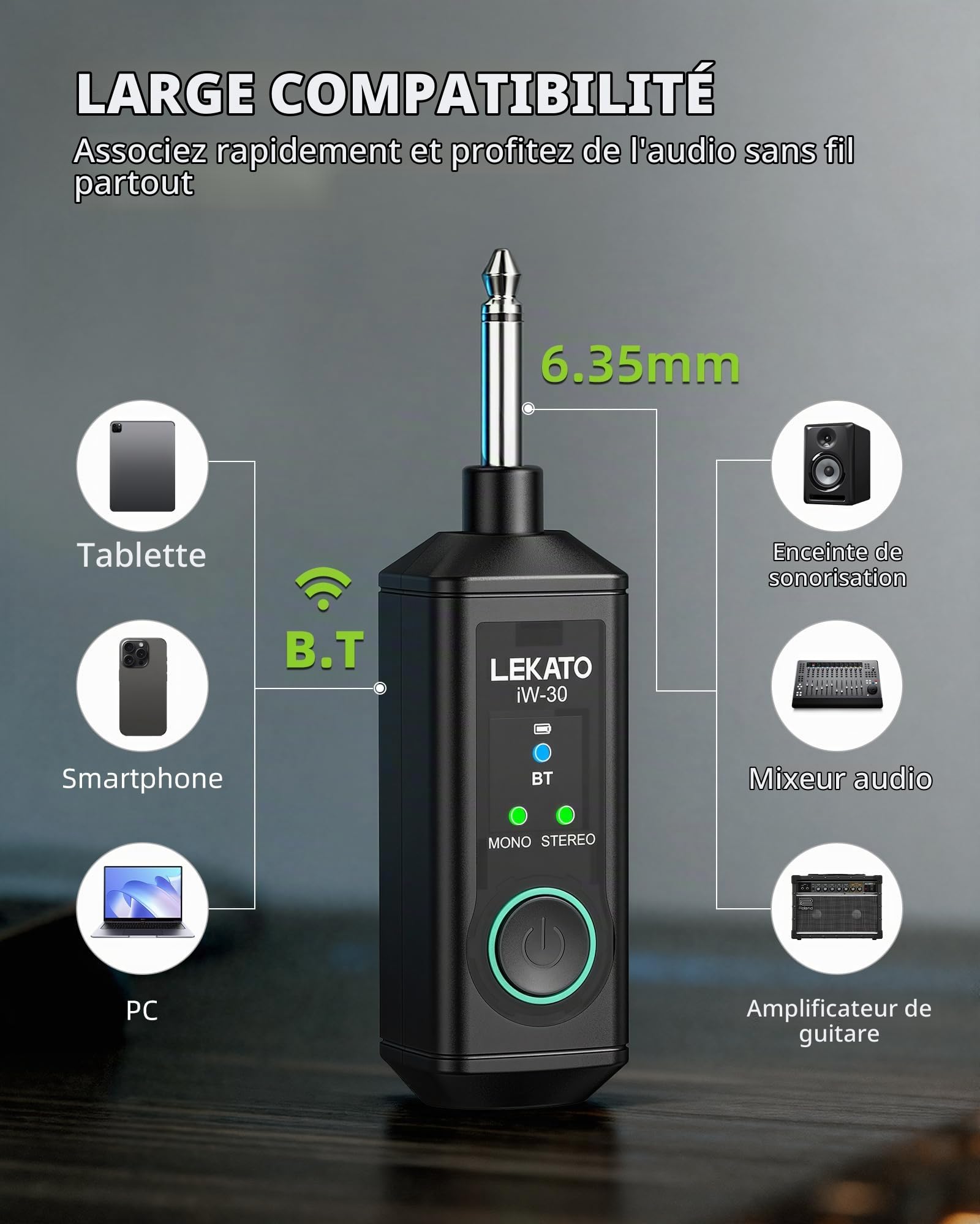 LEKATO iW-30 Récepteur Bluetooth avec prise jack 6,35 mm, mono/stéréo sans fil avec 15 heures de lecture et 50 m pour amplificateur, systèmes de sonorisation, clavier et table de mixage