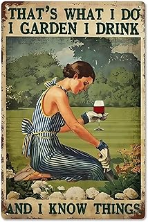 Woman Gardening with Wine Rustic Aluminum Wall Art & Metal Tin Sign - 8x...