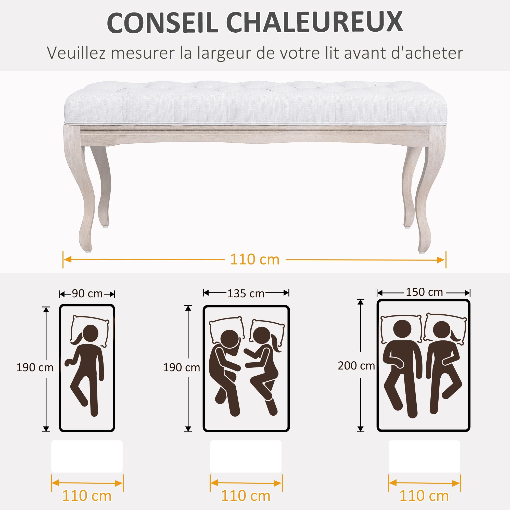 HOMCOM Banc 110 cm, Banquette capitonnée Style Classique, Bout de lit rembourrée en Effet Lin piètement Bois d'hévéa sculpté, crème