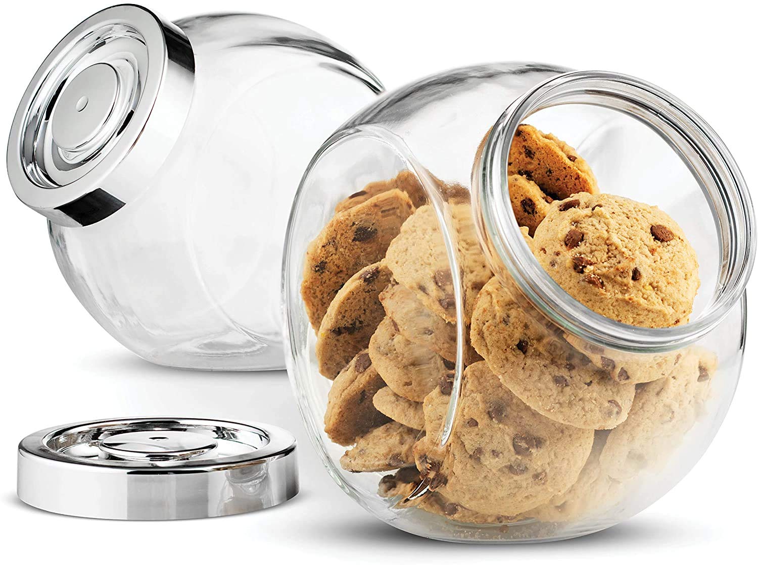 Glass Jar Glass Candy Jar 75 ½ Ounce Cookie Jar (2 Pack) With Plastic Airtight Seal Lid 2 Ways Display, Bulk Food Storage Jar for Snacks, Dry Food, Jelly Beans Canister, Apothecary Jars