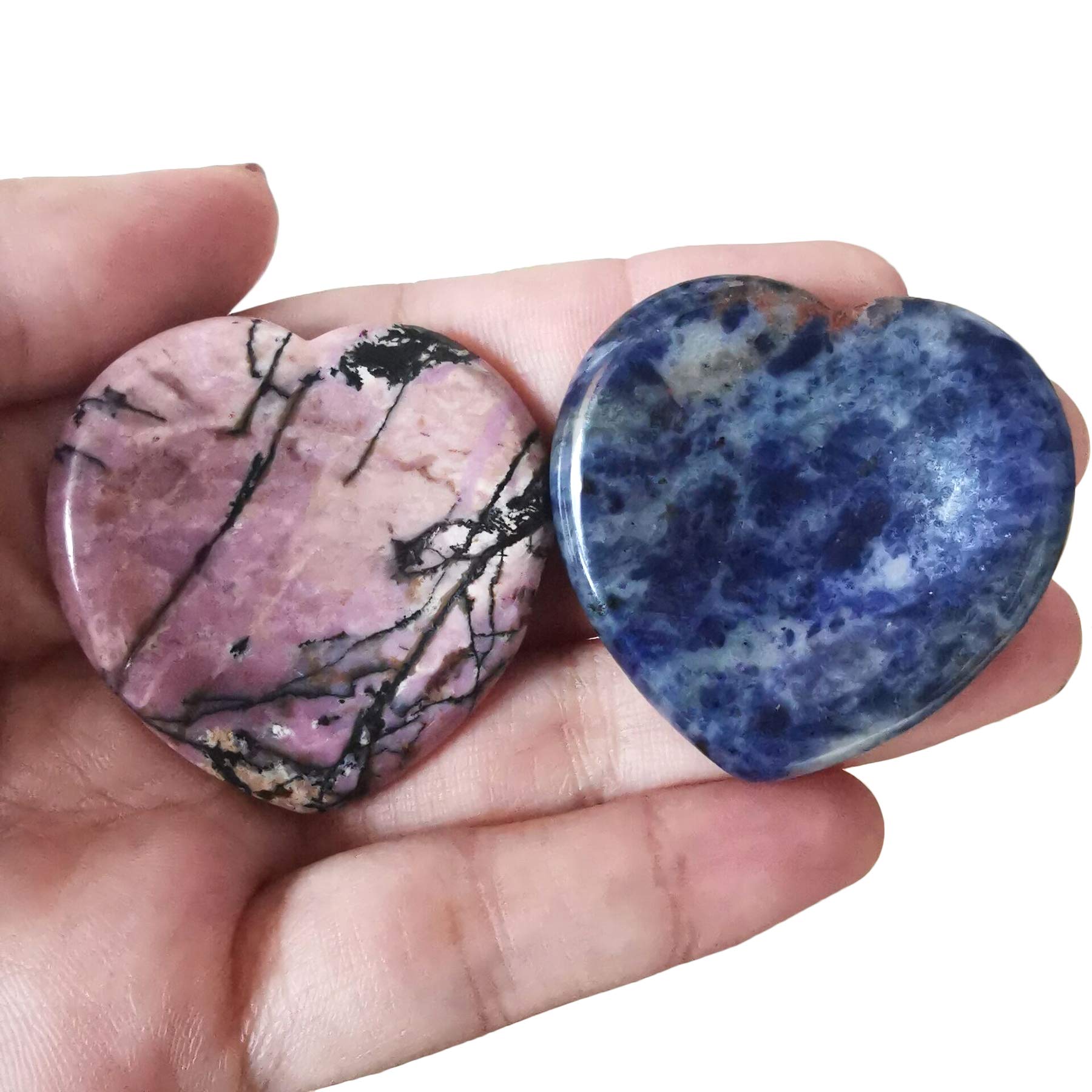 Loveliome2 Pcs Heart Worry Stones Anxiety Thumb Palm Pocket Stones, Positive Energy Meditation Chakra Healing Crystal, Rhodonite w Sodalite