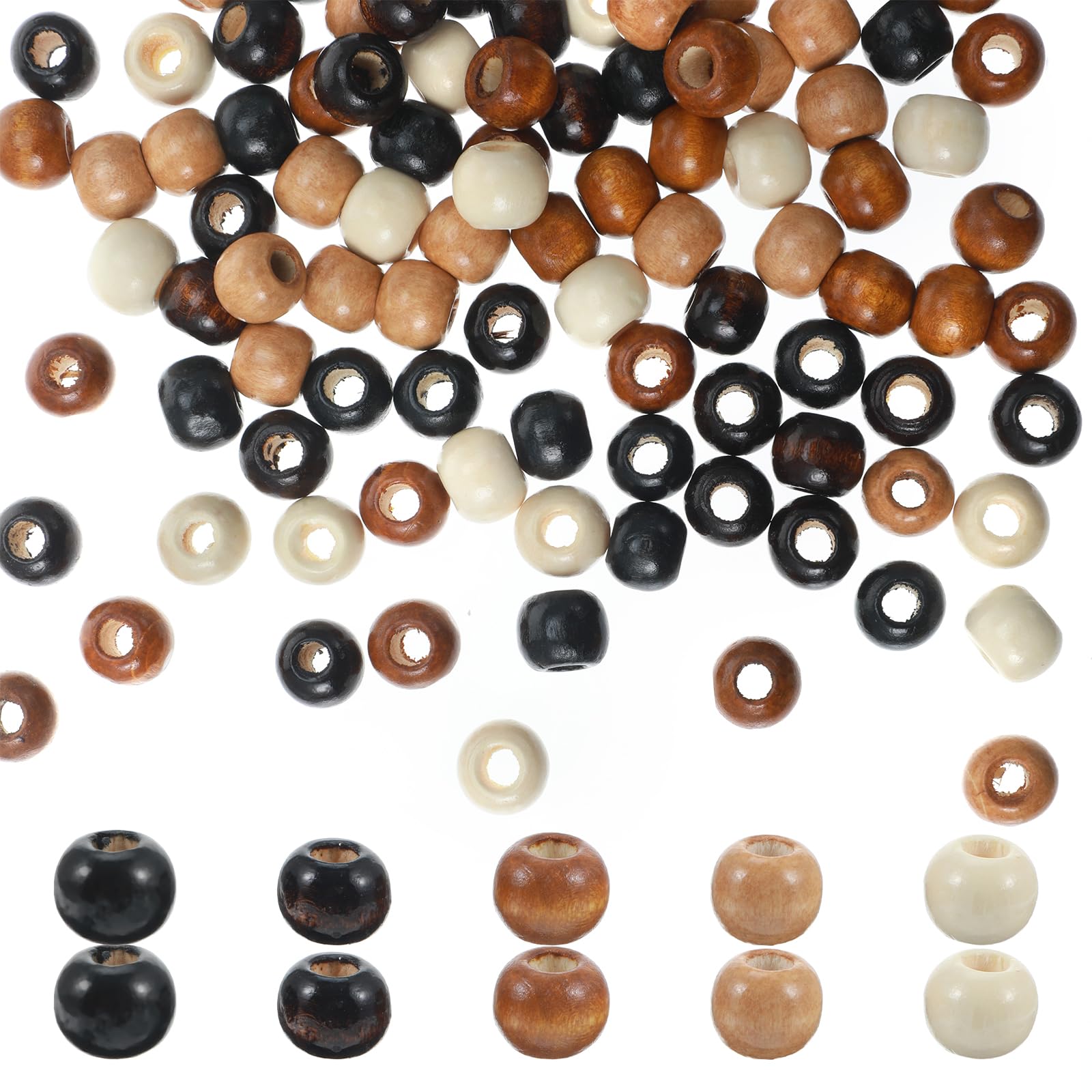 Xindojuz Drewniane koraliki do rękodzieła, 100 szt. 10mm x 8.5mm, okrągłe, naturalne kolory: ciemnobrązowy, średni brąz, morelowy, do breloczków, naszyjników, bransoletki, włosów, DIY