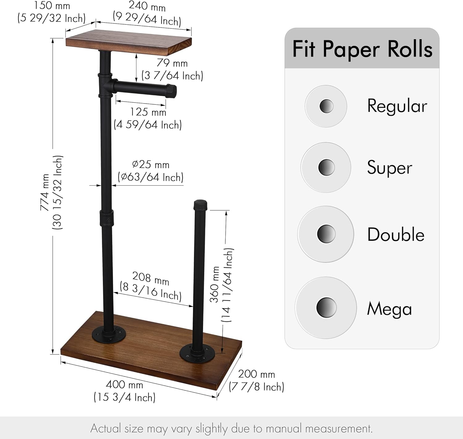 KES Freestanding Toilet Paper Holder Stand with Reserve, Rustic Toilet Paper Storage with Wooden Shelf Industrial Iron Pipe and Wooden Base DIY Black, BPH505-BK