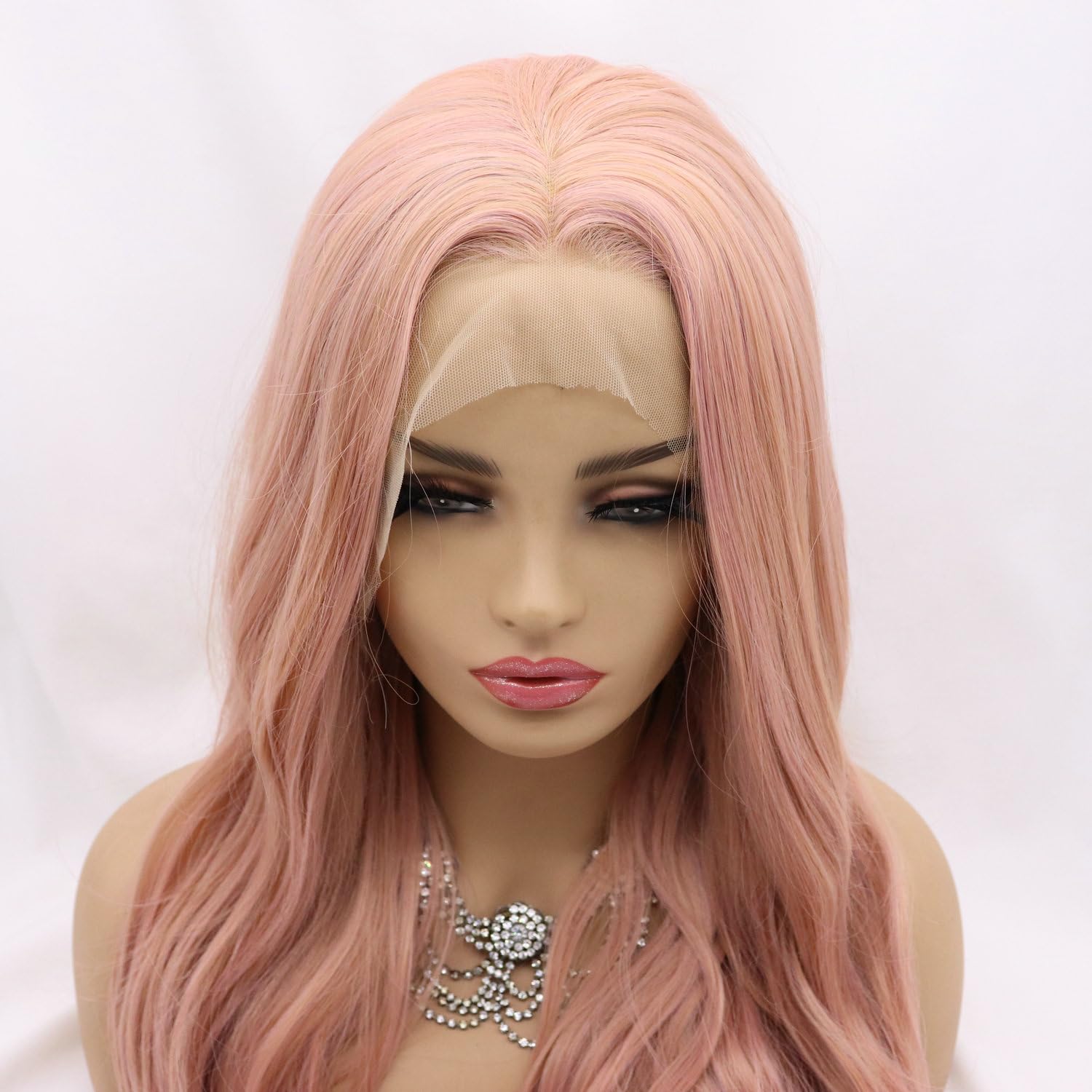 24" Lungo rosa ondulato parrucche per le donne sintetico pizzo anteriore miscelato rosa calore sicuro sostituzione dei capelli parrucche Halloween Cosplay giornaliero partito uso parrucca mezzo Parted