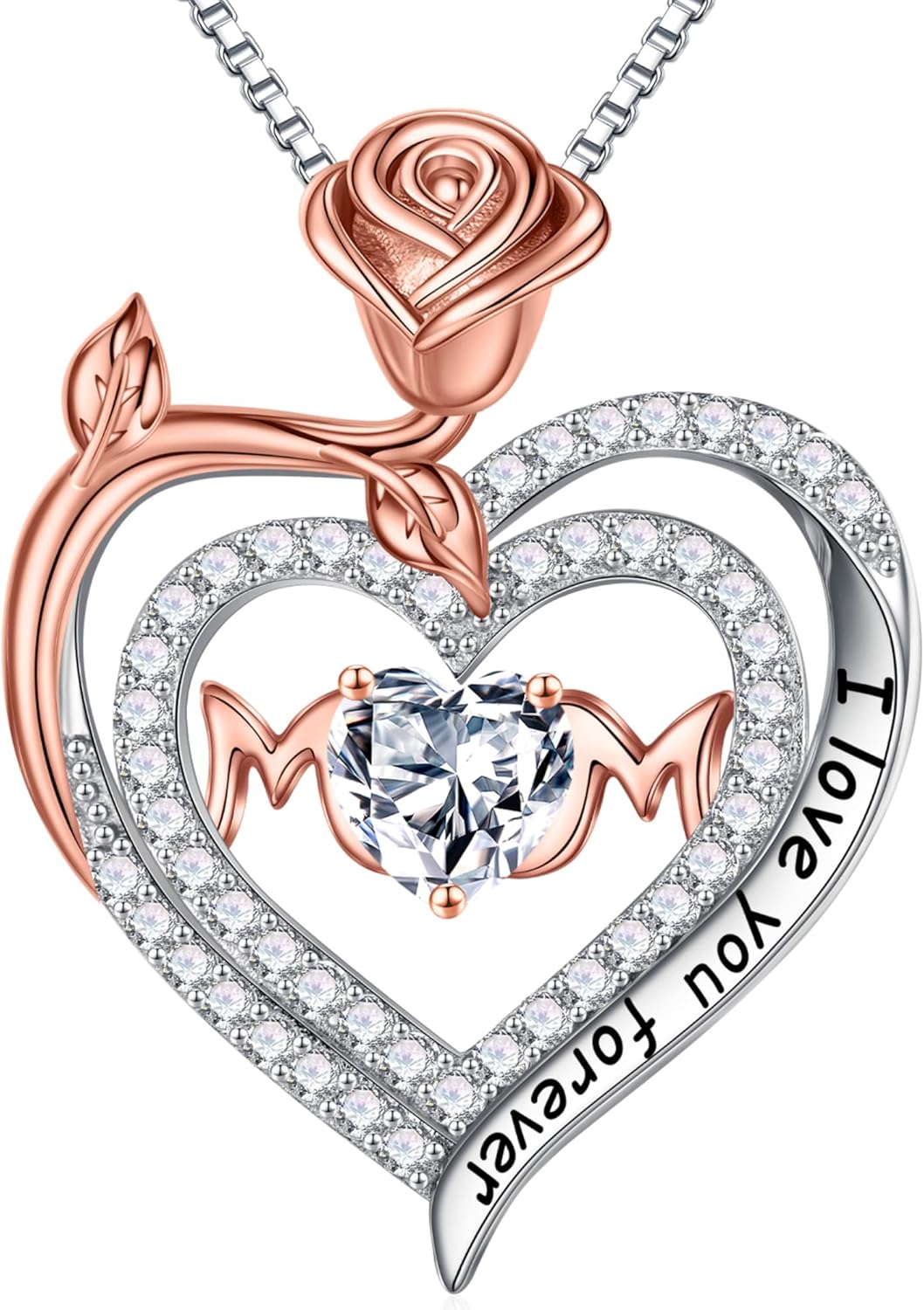 Iefil Rose Birthstone Gifts for Mom, S925 Sterling Silver Rose Heart Pendant Birthstone Necklace Mothers Day Valentines Day Birthday Jewelry Gifts for Mom