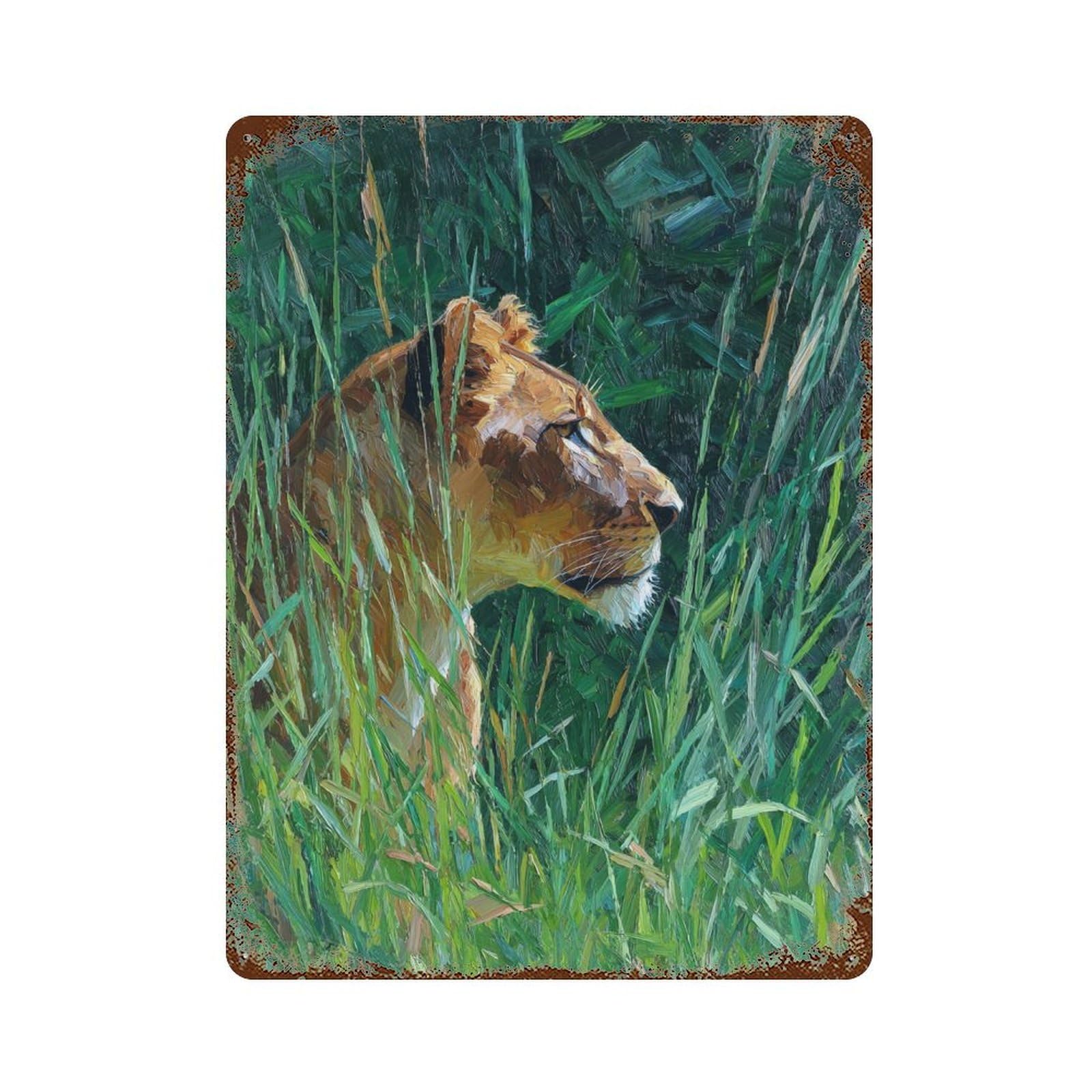 Lioness in Grass Painting Aged Metal Wall Plaque 15.7"x11.8", Classic Wall Plaque for Garage, Pub Or Kitchen