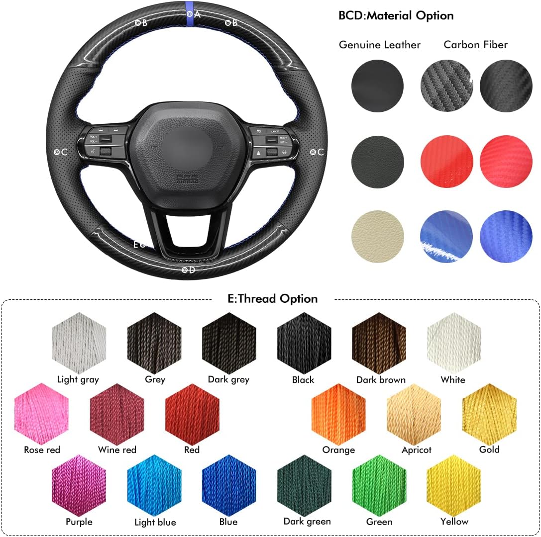MEWANT Car Steering Wheel Cover for Honda Civic 11 XI Made of Geniune Leather&Carbon Fiber Hand-Stitched Car Steering Wrap