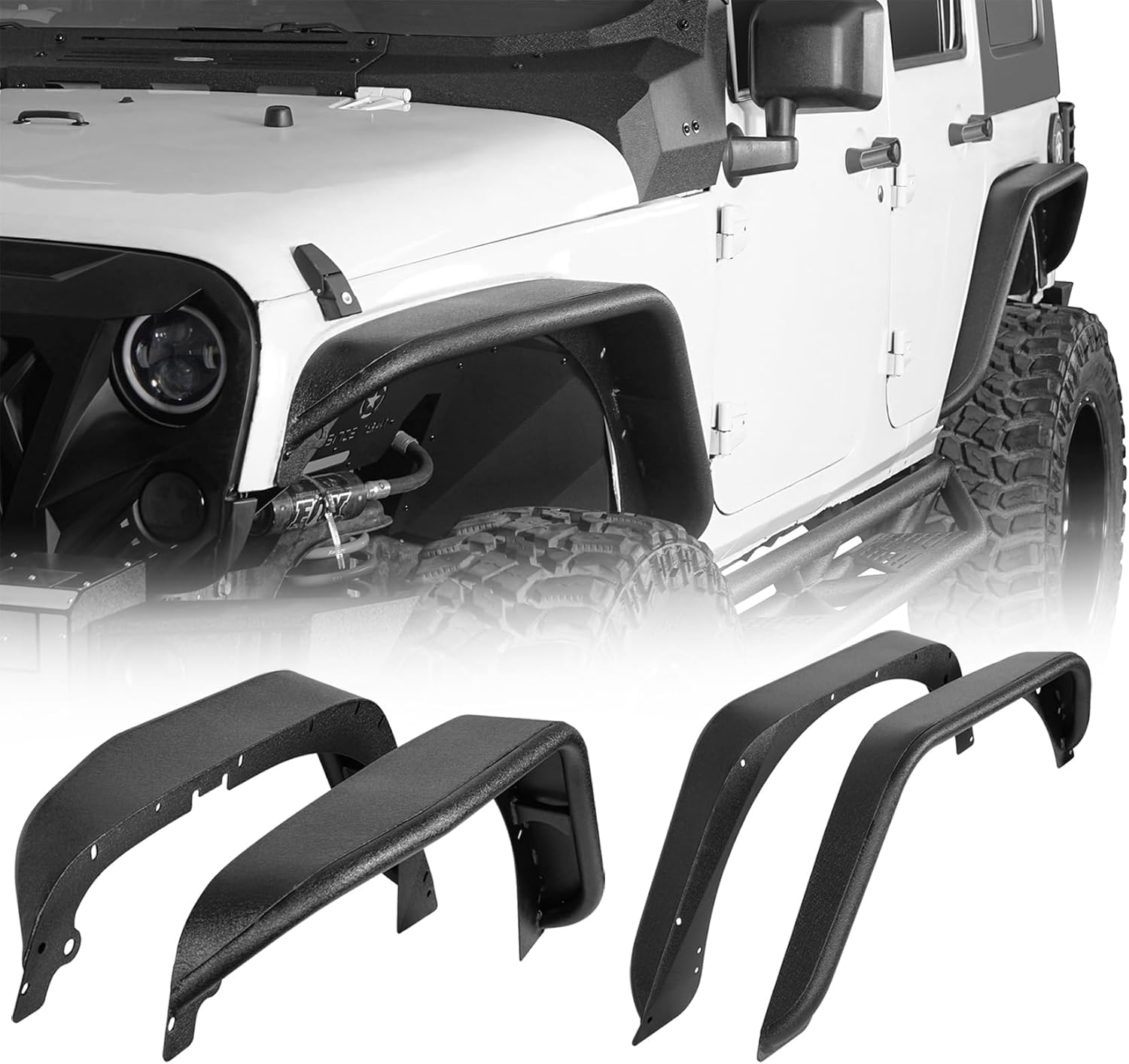 I1MOTOR Front Fender Flares For Jeep Wrangler JK (2007-2018) - Steel Textured Black Wheel Arch Extensions - View #4