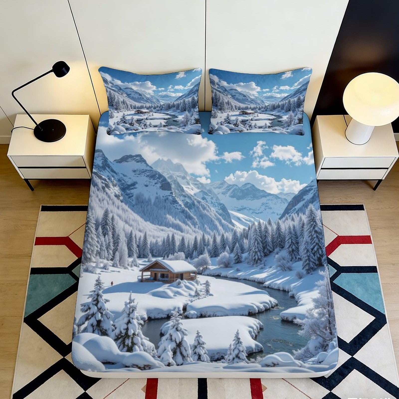 3D Printed Snow Mountain Fitted Sheet Microfiber Blue Winter Forest Mattress Cover for Bedroom Guest Room Decor 90x200x25cm