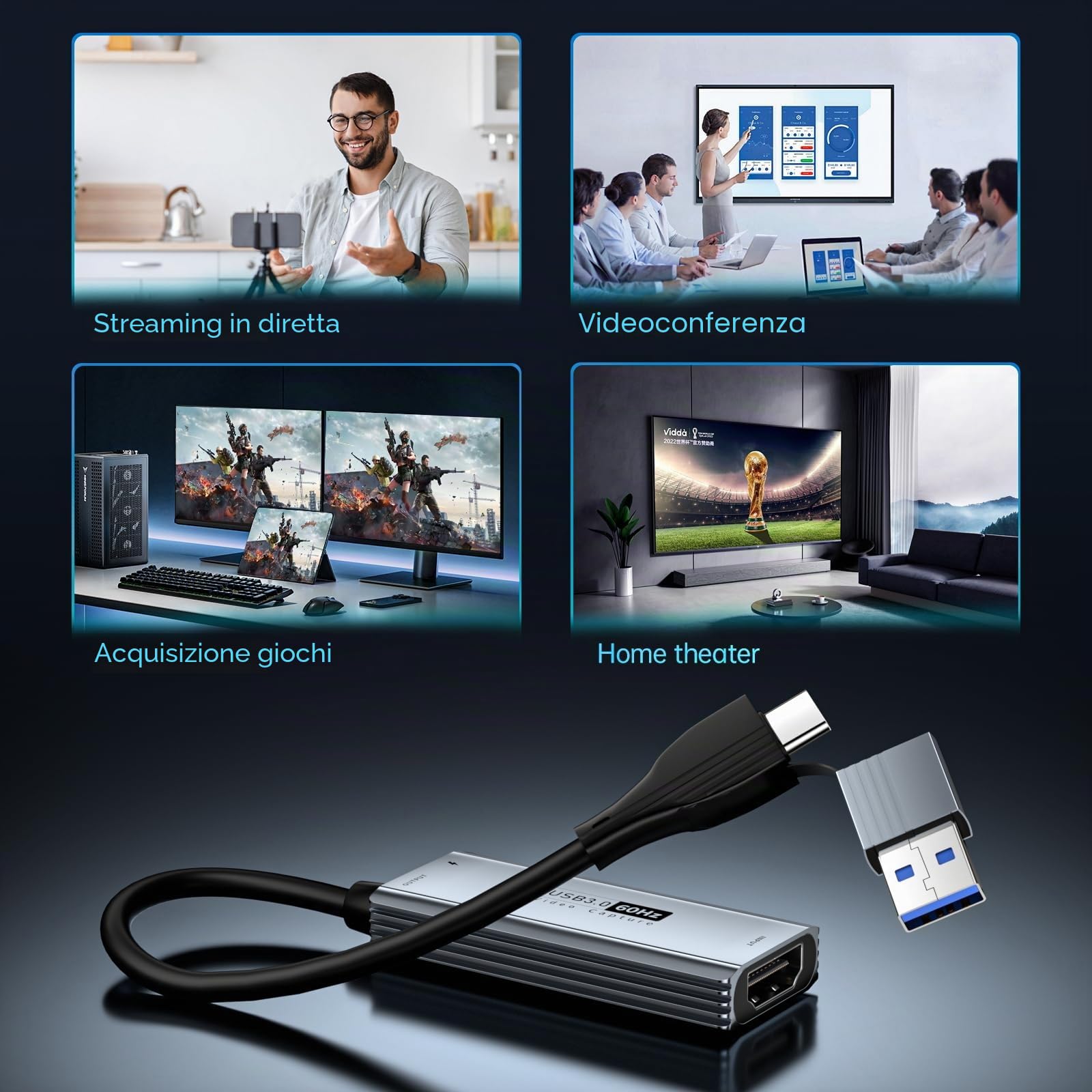 XIIXMASK scheda acquisizione video USB 3.0 con PD 100W – HDMI a USB-A/C, acquisizione 1440P 30fps e 1080P 60fps per Streaming, Registrazione Giochi – Compatibile con Quest 3, Switch, PS4/PS5
