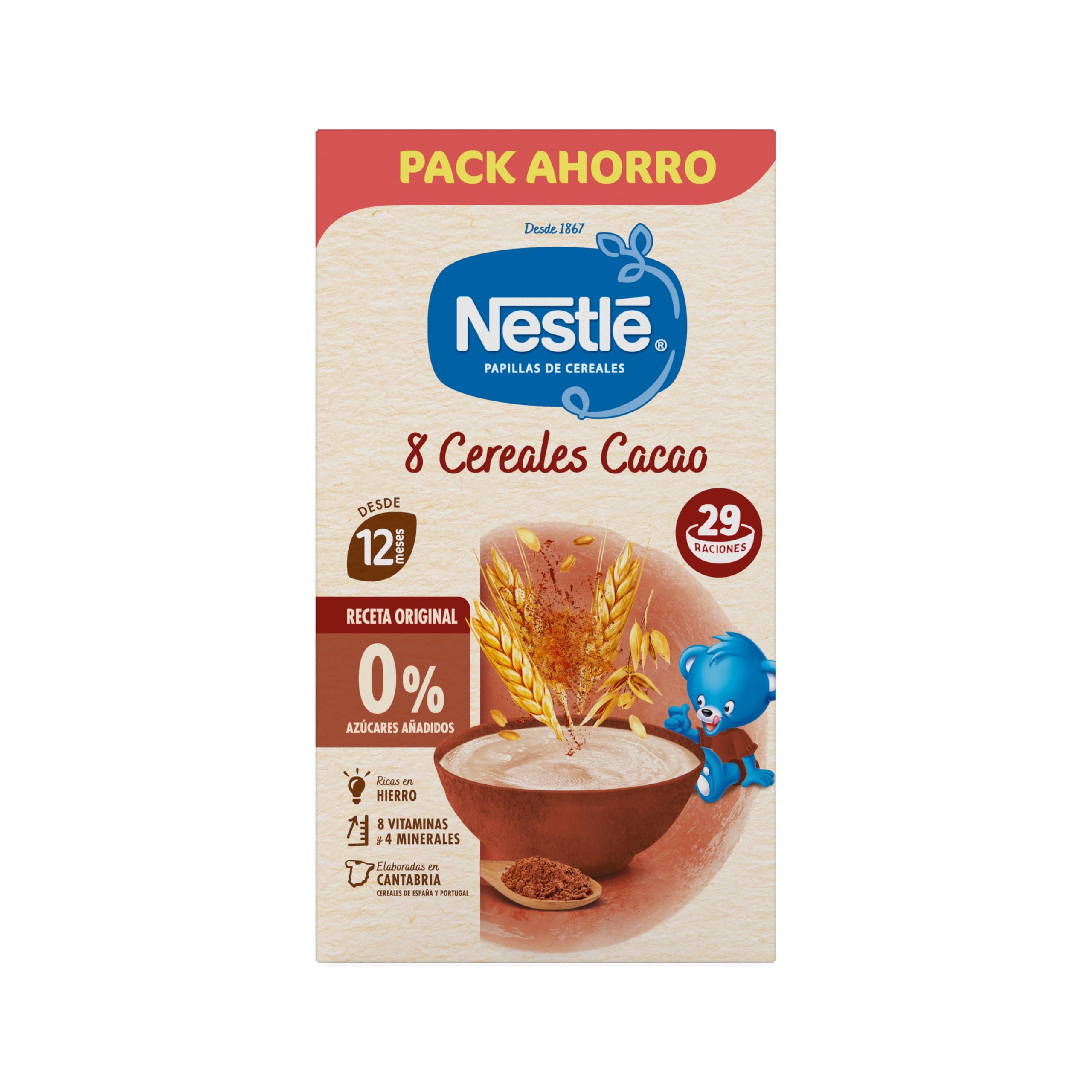 Nestlé Papilla 8 Cereales con Cacao, sin azúcares añadidos, a partir de los 12 meses, 725 g