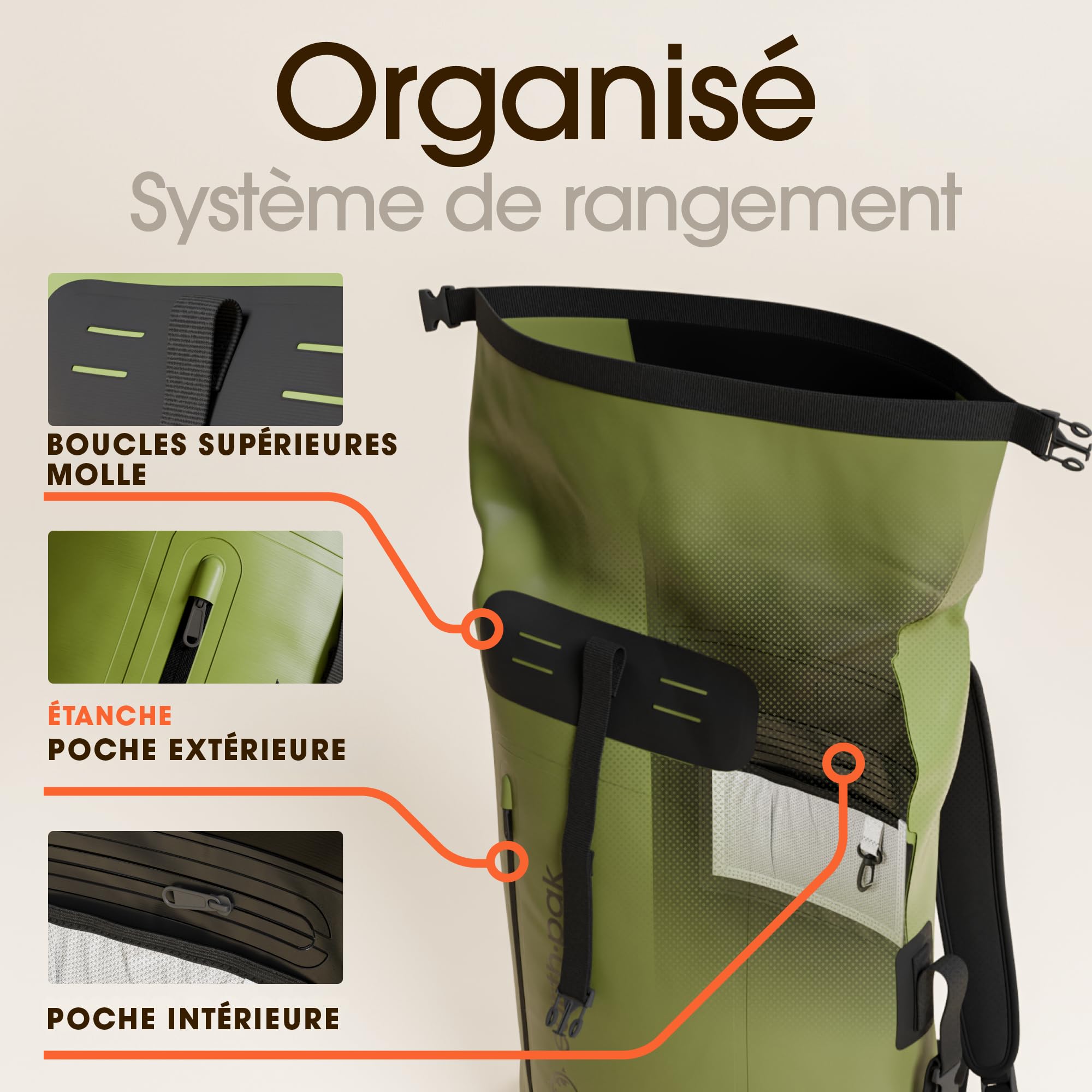 Sac à Dos Étanche 85L - Dry Bag Nautique - Kayak Vélo Pêche Camping | Fermeture enroulable 100 % étanche - 85L en PVC 500D résistant - étui téléphone IPX8 inclus - Vert