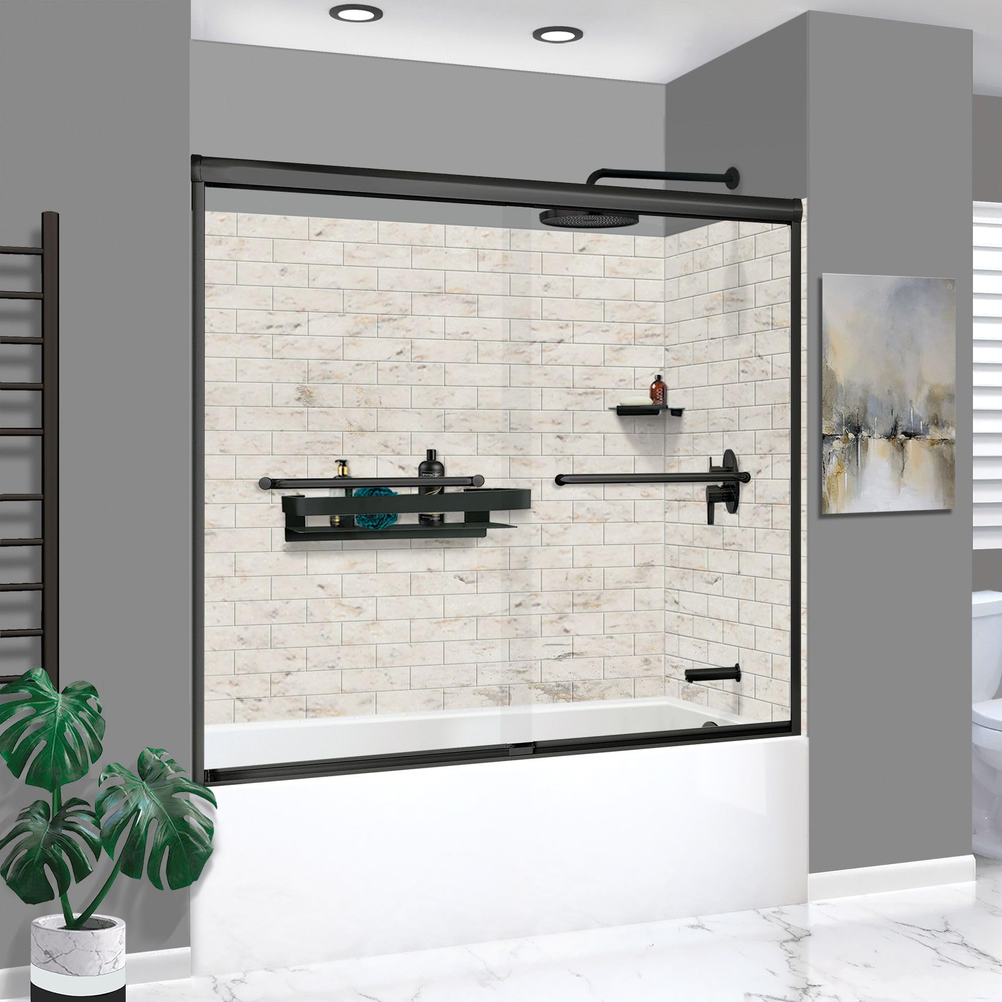Transolid KTAFS603660R-48MB 60-in x 36-in x 80-in 7-Piece Glue-on Saramar Shower/Tub Kit with Door Faucet and Accessories, Biscotti Marble/Matte Black