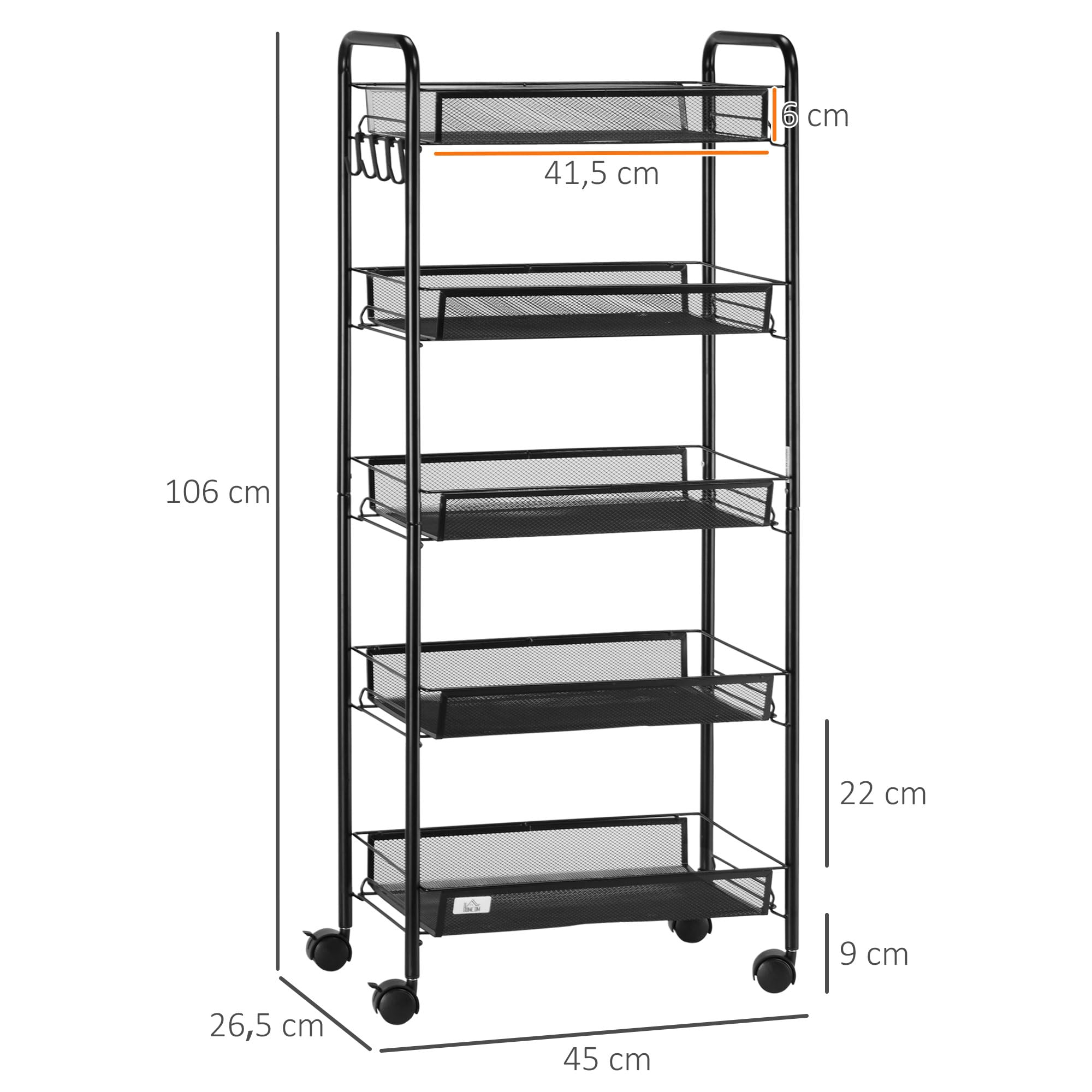 HOMCOM Carrito Auxiliar con Ruedas, Verdulero Cocina de 5 Niveles, Carrito de Cocina con 4 Ganchos, Carga 15 kg, para Comedor, Sala de Estar, Baño, 45x26,5x106 cm, Negro