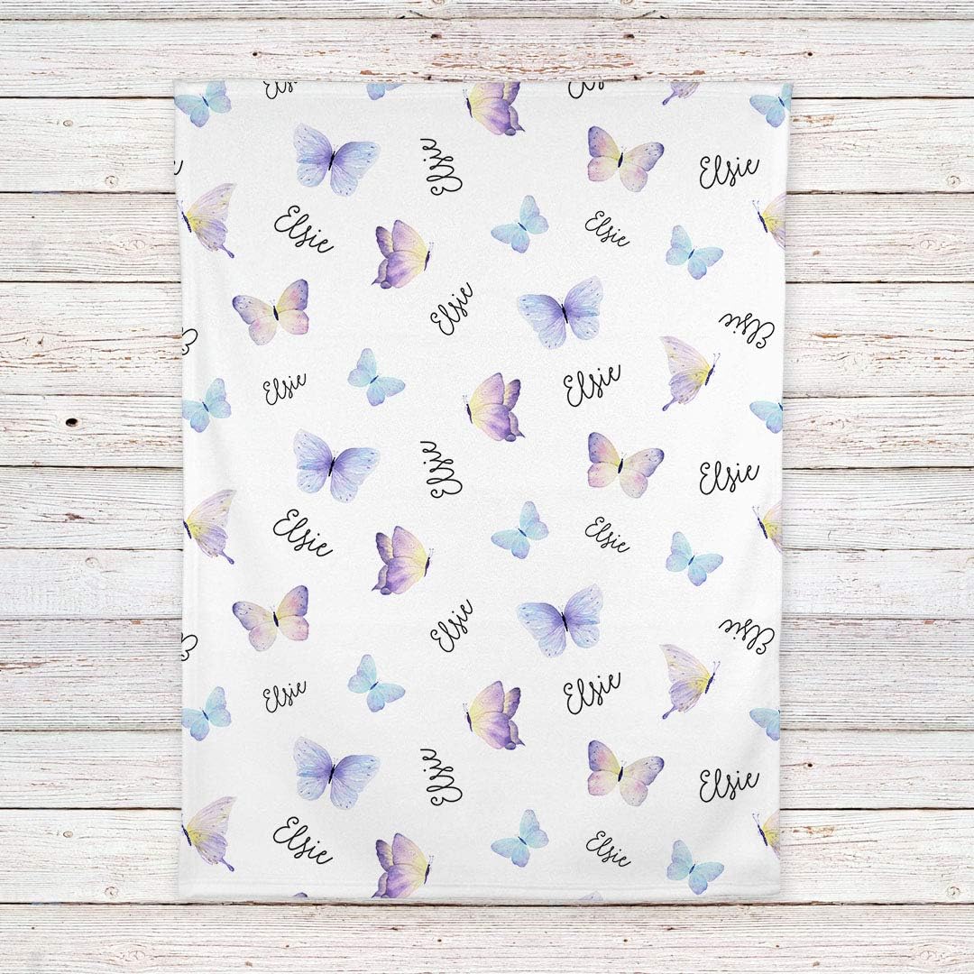 Butterflies Personalized Baby Receiving Swaddle Blanket Purple
