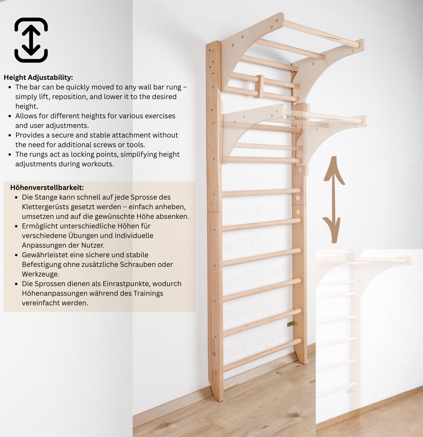 Espaldera de Gimnasio Kombi-1-220 – Escalera Sueca de Madera para Niños y Adultos, Barras de Fitness, Juego y Entrenamiento en Casa