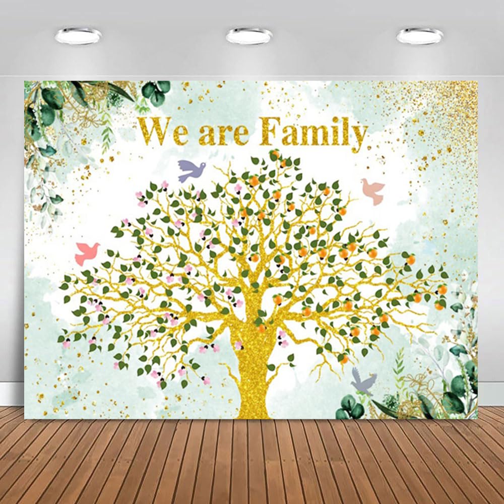 10x8ft Family Reunion Backdrop We are Family Golden Glitter Tree Photography Background Birds Green Eucalyptus Leaves Home Party Decoration Supplies
