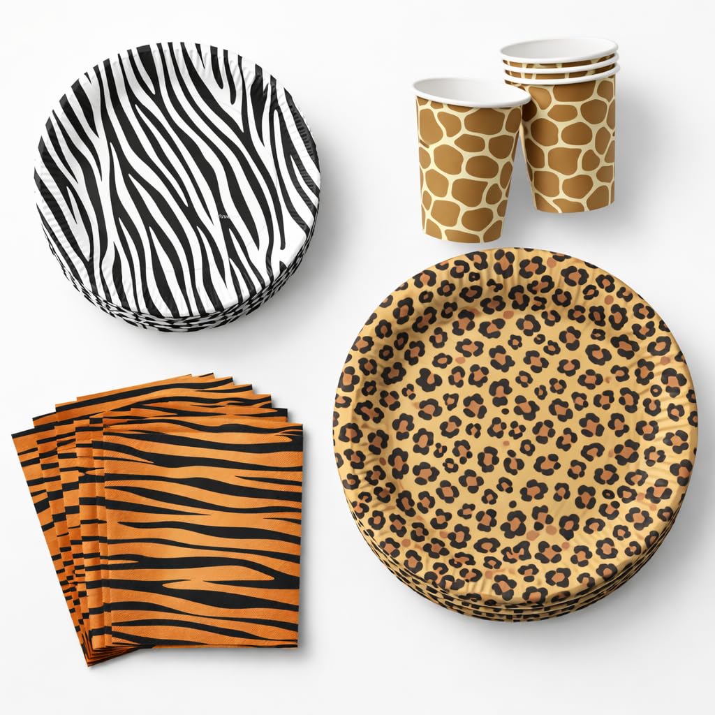 Serves 30 Guest Jungle Safari Zoo Animal Print Birthday Party Supplies Pack 9" Dinner Plates 7" Dessert Plates 12 oz Cups Napkins Zoo Animal Print Jungle Safari Themed