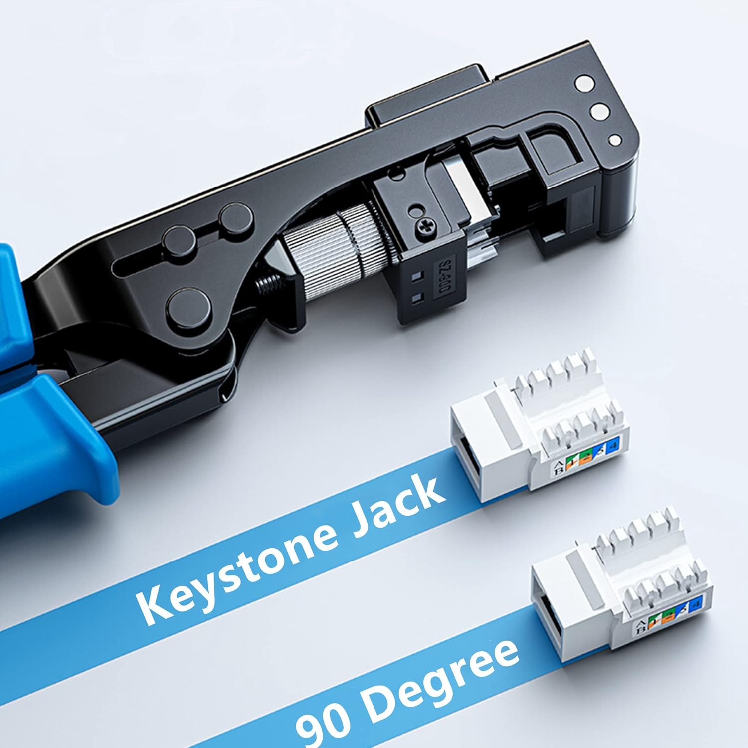 Yankok [90 Degree Keystone Jack Punch Down Tool] 5098B SPECIFIC MODULAR FIT CAT5/5e and CAT6/6A Adapter Fast Termination Crimper, One Hand Operation with Quick Lock Blue