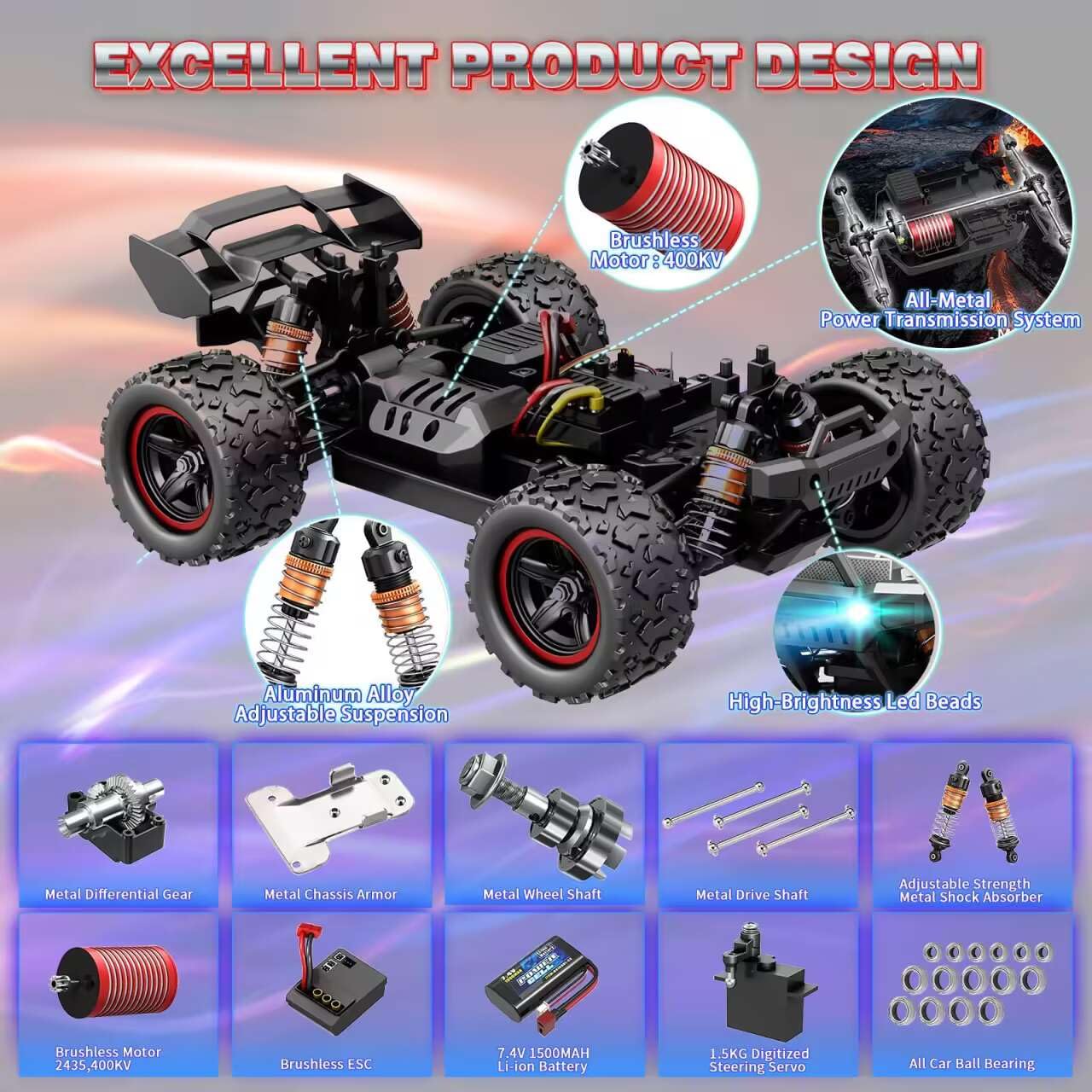 Herenear Ferngesteuertes Auto, 1:18, 60+ km/h Bürstenloser Motor RC Auto, 4WD Offroad RC Car, 2.4 GHz Fernsteuerung Rennenauto, 50+ Minute Spielzeit für Erwachsene und Kinder(RED)