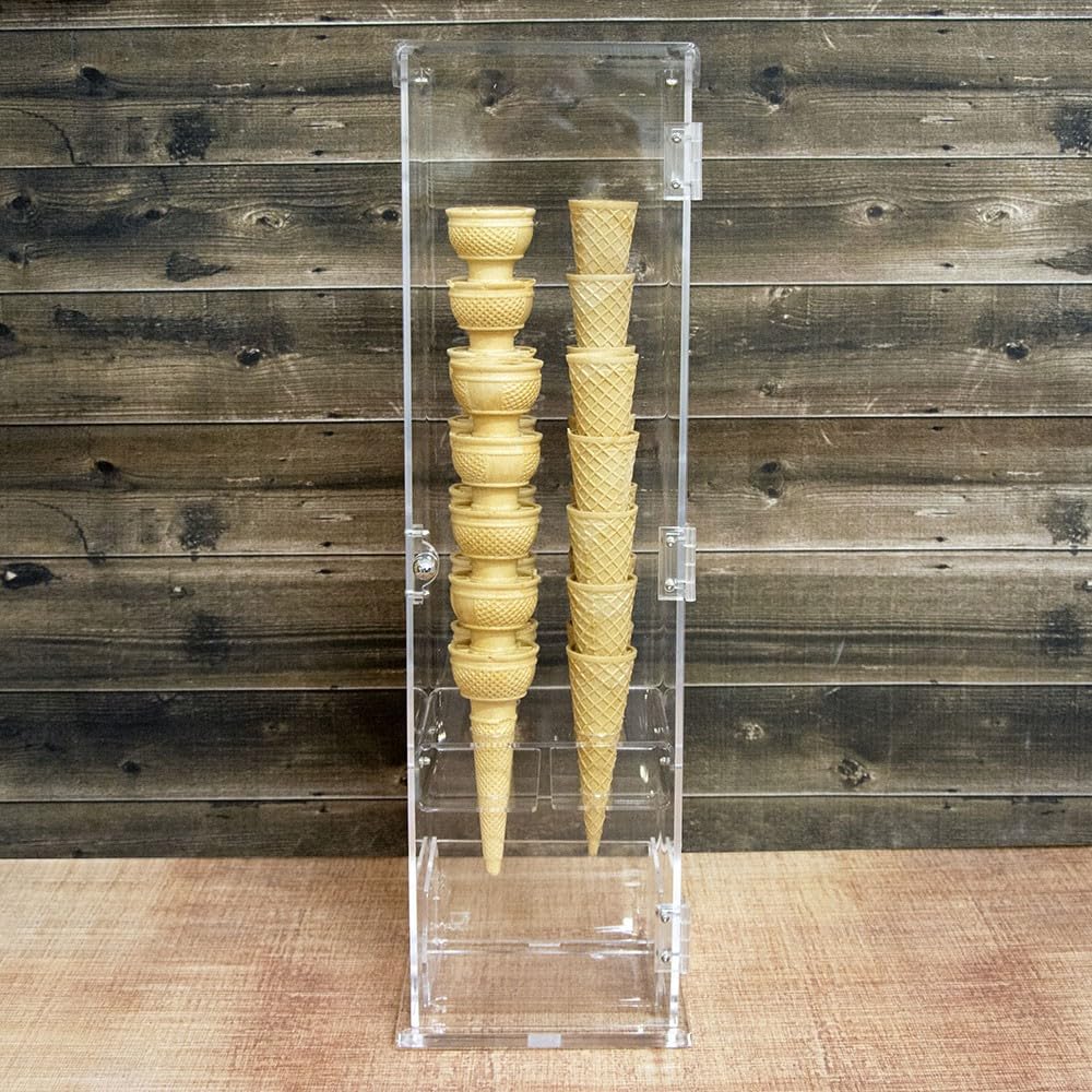 Porta coni gelato in plexiglass trasparente con vaschetta porta cucchiaini e con sportello - Misure: 16 x 13 x H61 cm