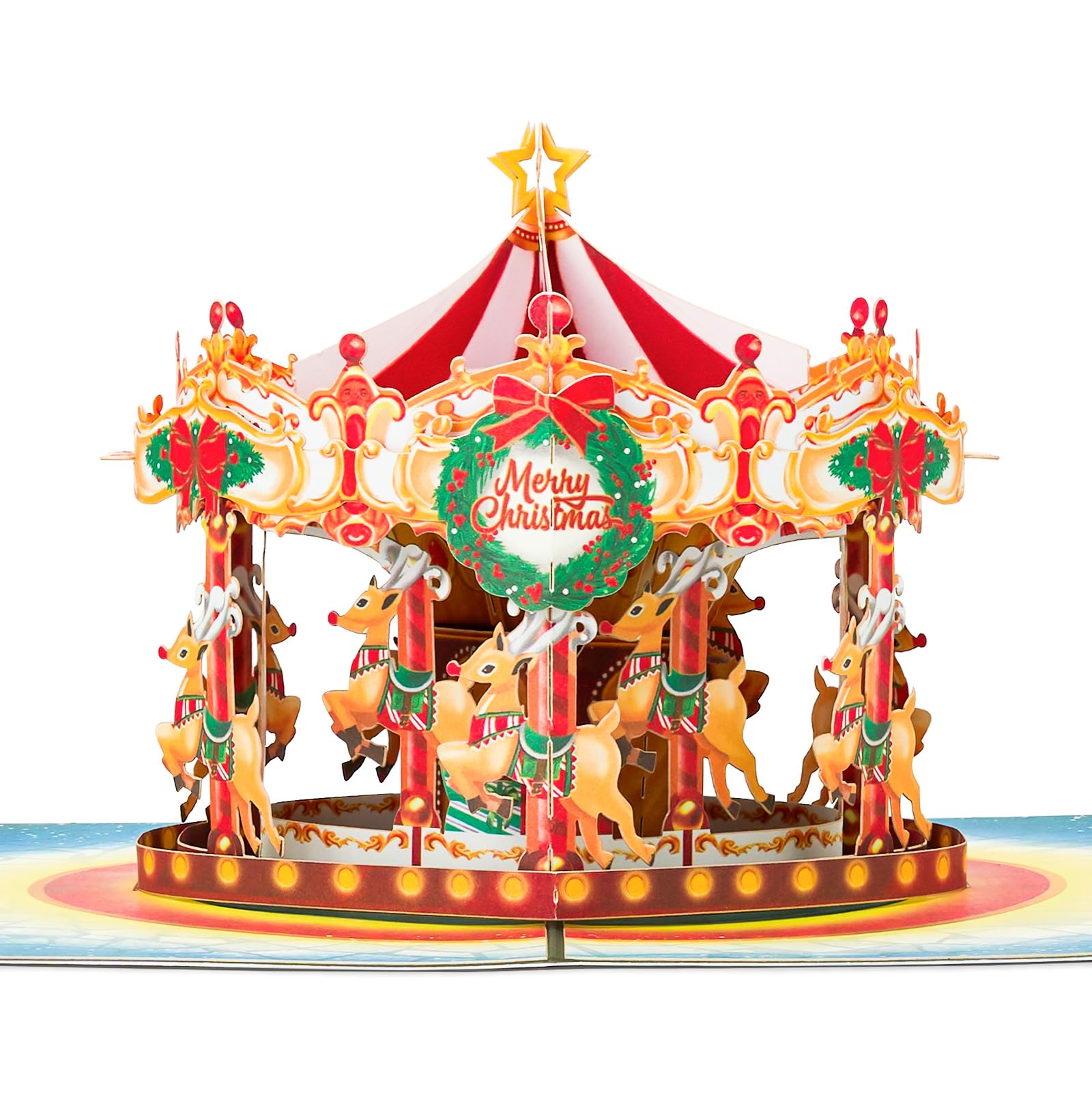 POPWOW Christmas Merry-Go-Round Pop Up Card, Merry Xmas, Reindeers, Wreath, 3D Popup Greeting Cards, Gifts for Women, Men, Kid, Boy, Girl, Sister, 5x7