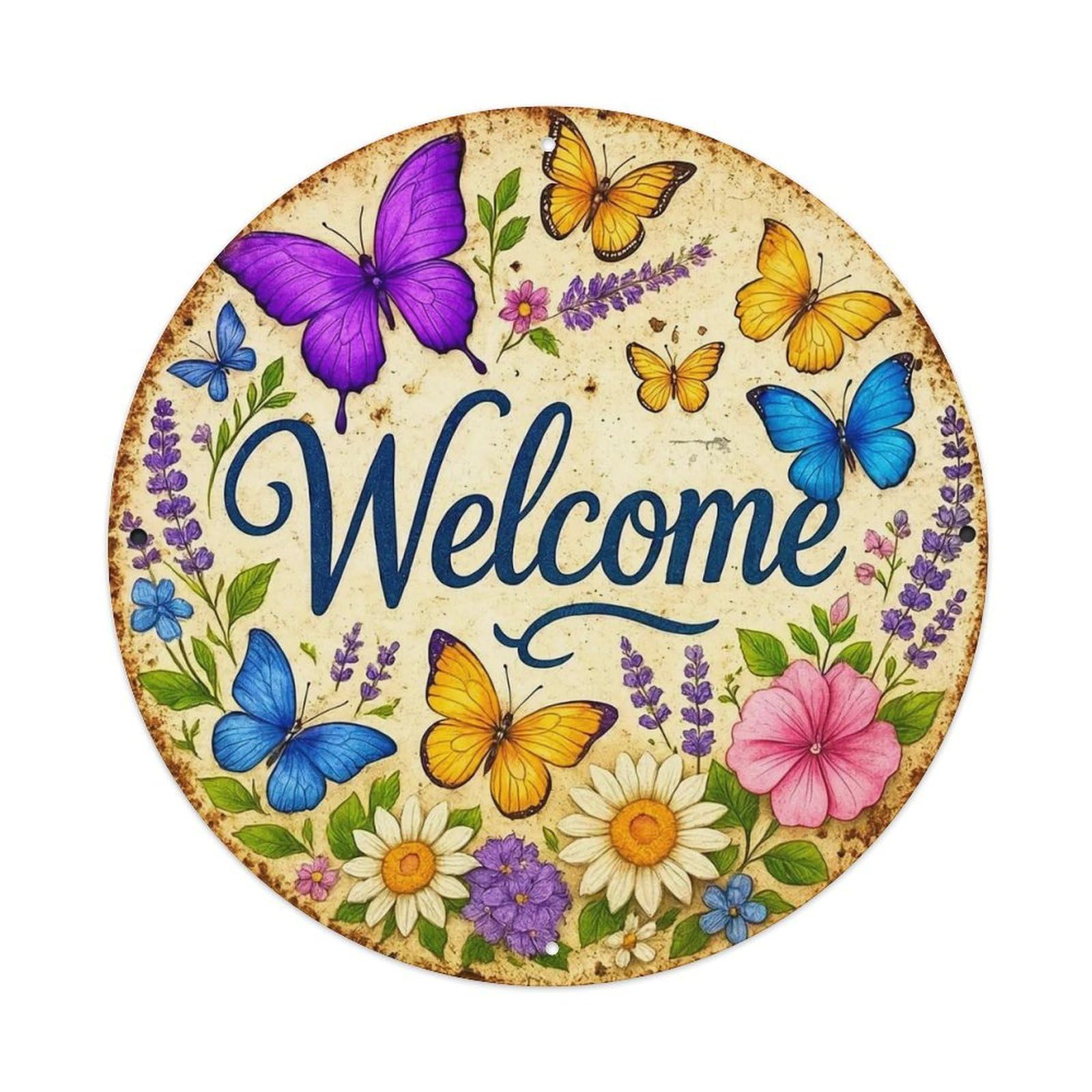 Butterfly Flower Welcome Pattern Art Round Metal Tin Sign Vintage Wall Decor, Bar Garage Cafe Kitchen Home Wall Art Poster 8x8inches