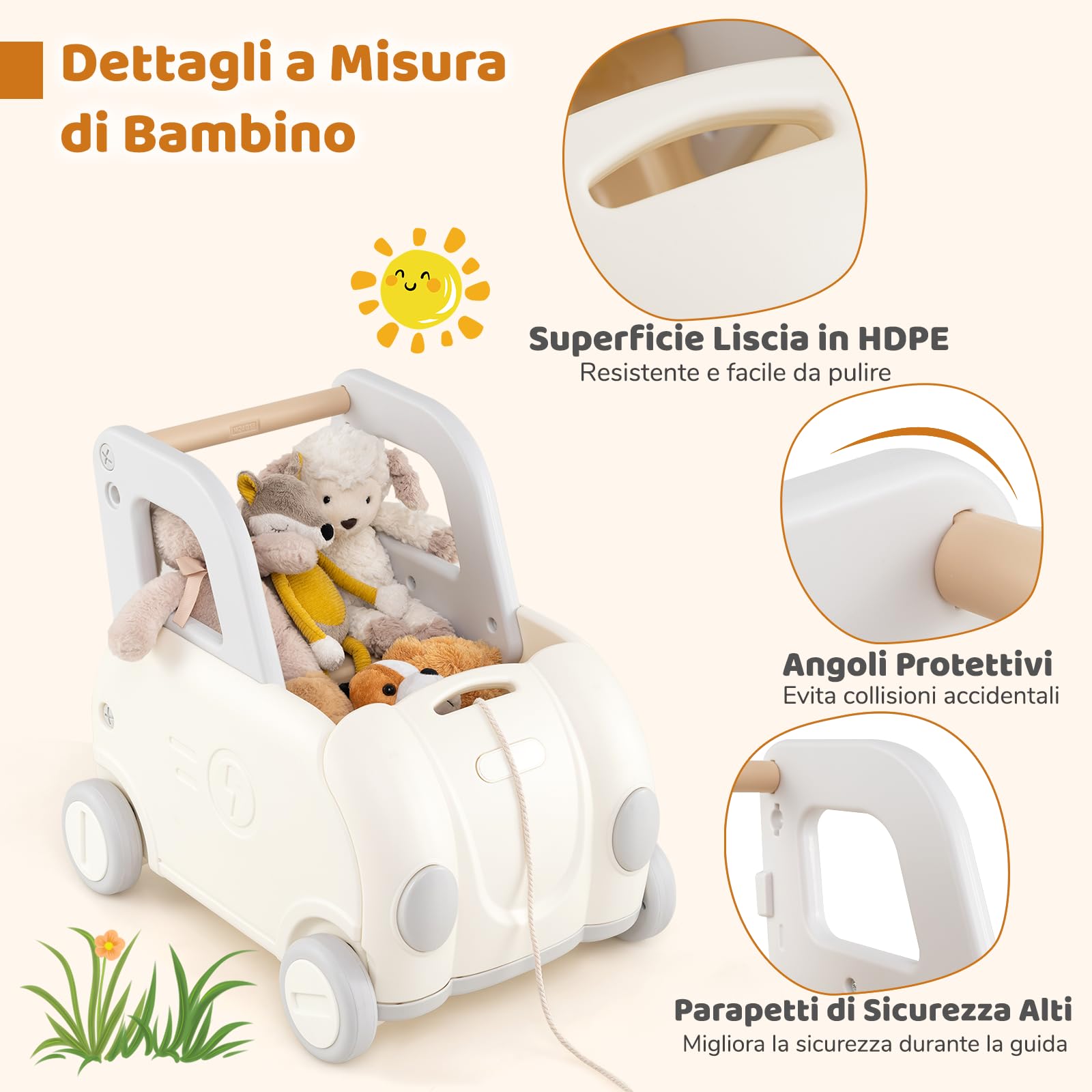 COSTWAY Girello Primi Passi Bambini, Carrello a Spinta con Contenitore