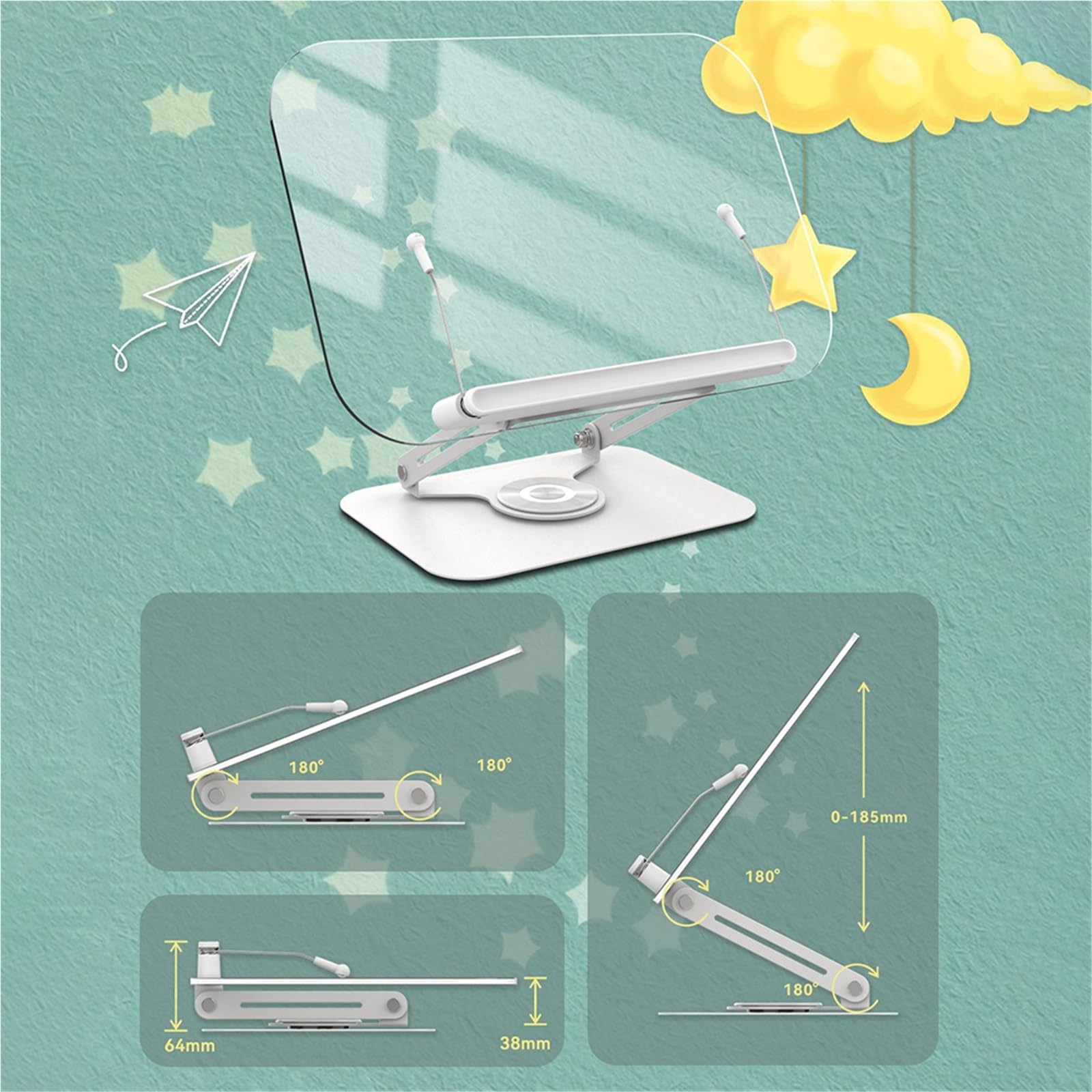 Atril Para Libros Soporte giratorio for libros de escritorio con Clips página Panel transparente soporte plegable y ajustable en ángulo para para escritorio