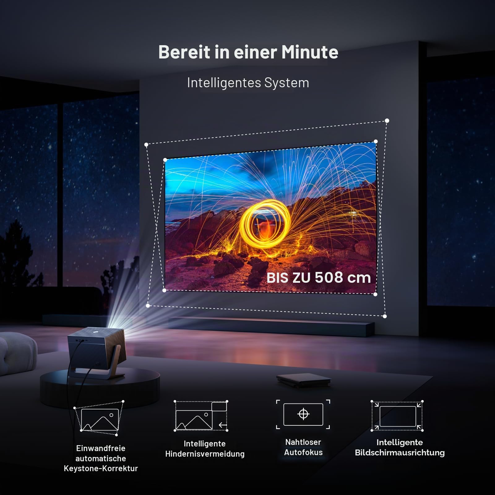 Cube 600 Projektor mit eingebautem Google TV, 1080P Tragbarer Projektor mit WiFi & Bluetooth, True 600 ISO Lumen, 360° Gimbal Ständer, Auto Keystone, unter 26dB, versiegelter optischer Motor, MAX 200