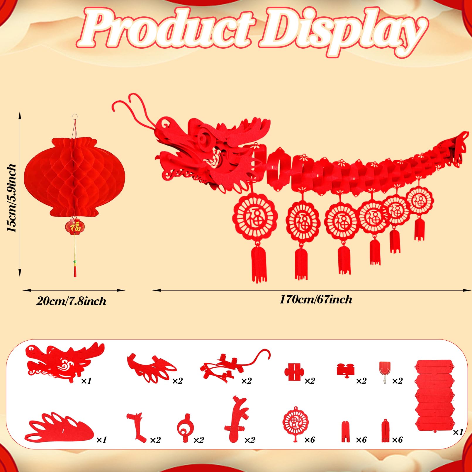 IRmm Chinese New Year Dragon, 2PCS 3D Chinese New Year Dragon Ceiling Decorations and 2PCS Chinese Lanterns - Image 2