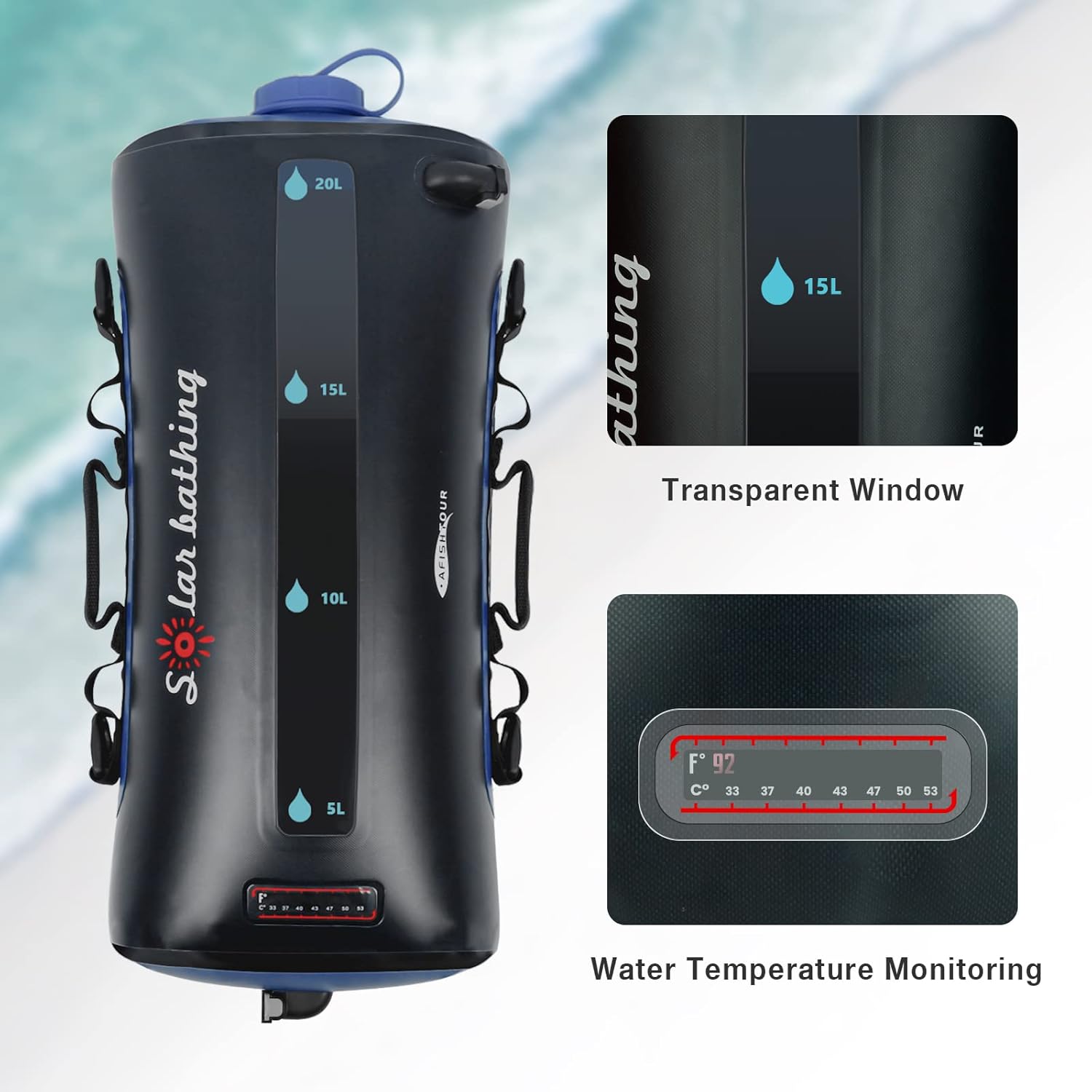AFISHTOUR 20L/5.4 Gallons Portable Camping Shower Bag, Waterproof Solar Shower Bag with Pressure Foot Pump and Shower Nozzle for Beach Camping Swim Travel Hiking Trip : Sports & Outdoors
