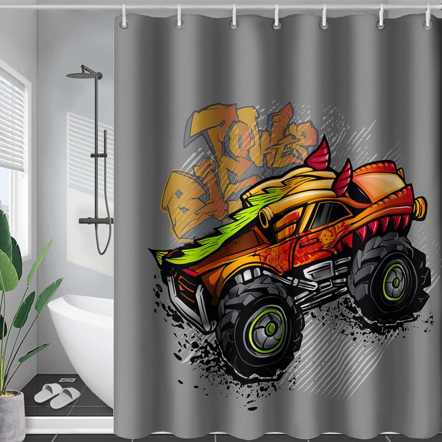 AILONEN Truck Shower Curtain for Kids Boys Teens,Red Monster Truck Bath Curtain for Bathroom Decor,Jam Truck Polyester Waterproof with 12 Plastic Hooks 60" W*72" H