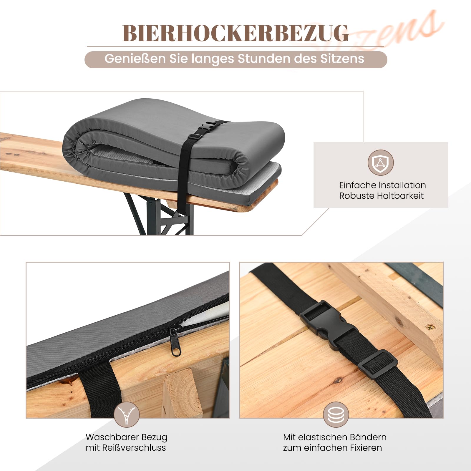Pesonlook Set di 2 cuscini imbottiti per panca da birra, con cerniera, 220 x 25 x 3 cm, lavabili, per tavolo da birra e tenda da festa (grigio, impermeabile)