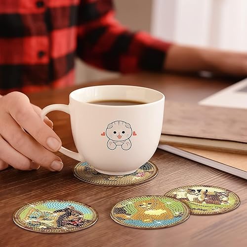 Miniatura 4 de Juego de 8 posavasos de pintura de diamante con soporte para bricolaje, lindo gato de diamante, posavasos antideslizantes para adultos, kits de