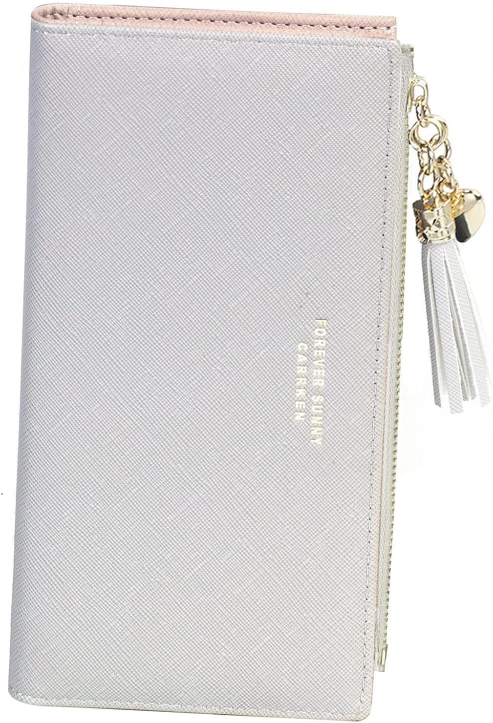 Wallets for Women Slim Clutch Purse Handbag Card Holder Womens Long Tassel Zipper Pocket Fashion Taiga Leather Billfold Wallet (Gray)