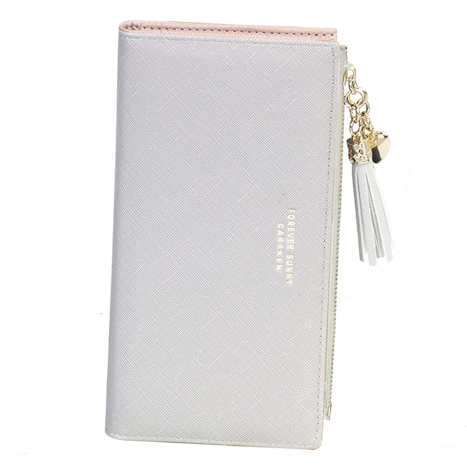 Wallets for Women Slim Clutch Purse Handbag Card Holder Womens Long Tassel Zipper Pocket Fashion Taiga Leather Billfold Wallet (Gray)