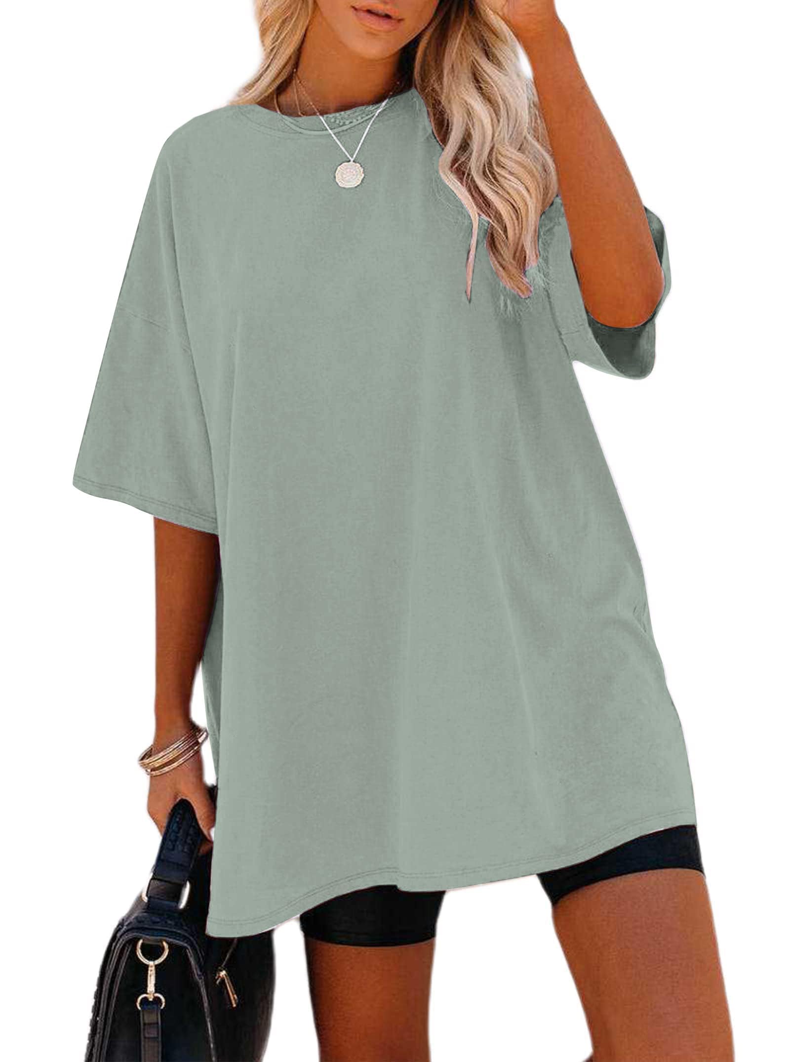 Remidoo Women's Oversized T Shirt Crewneck Solid Short Sleeve Baggy Cotton Tees