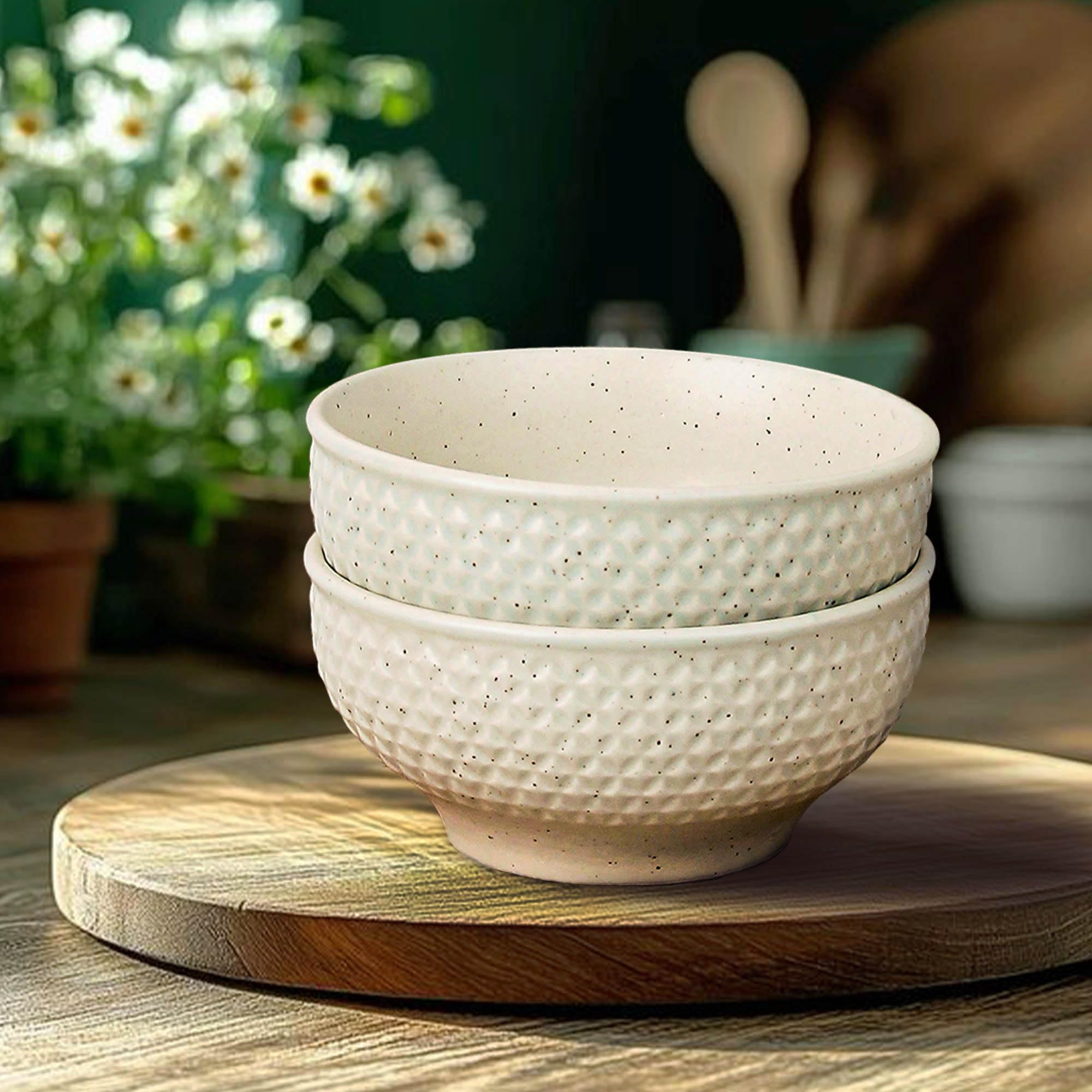 The Earth Store Cream Star Lot de 2 bols en céramique 580 ml Passent au micro-ondes et au lave-vaisselle pour servir des collations, du Dal, du riz, des nouilles | Parfait pour un usage quotidien, un