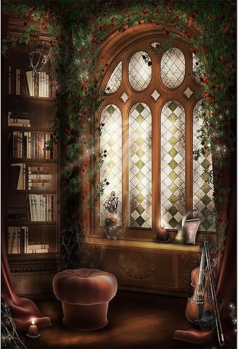 Miniatura 1 de Baocicco Magic Library - Telón de fondo de pizarra interior, 6 x 9 pies, fondo de fotografía, sala de lectura, estantería con ventana arqueada,