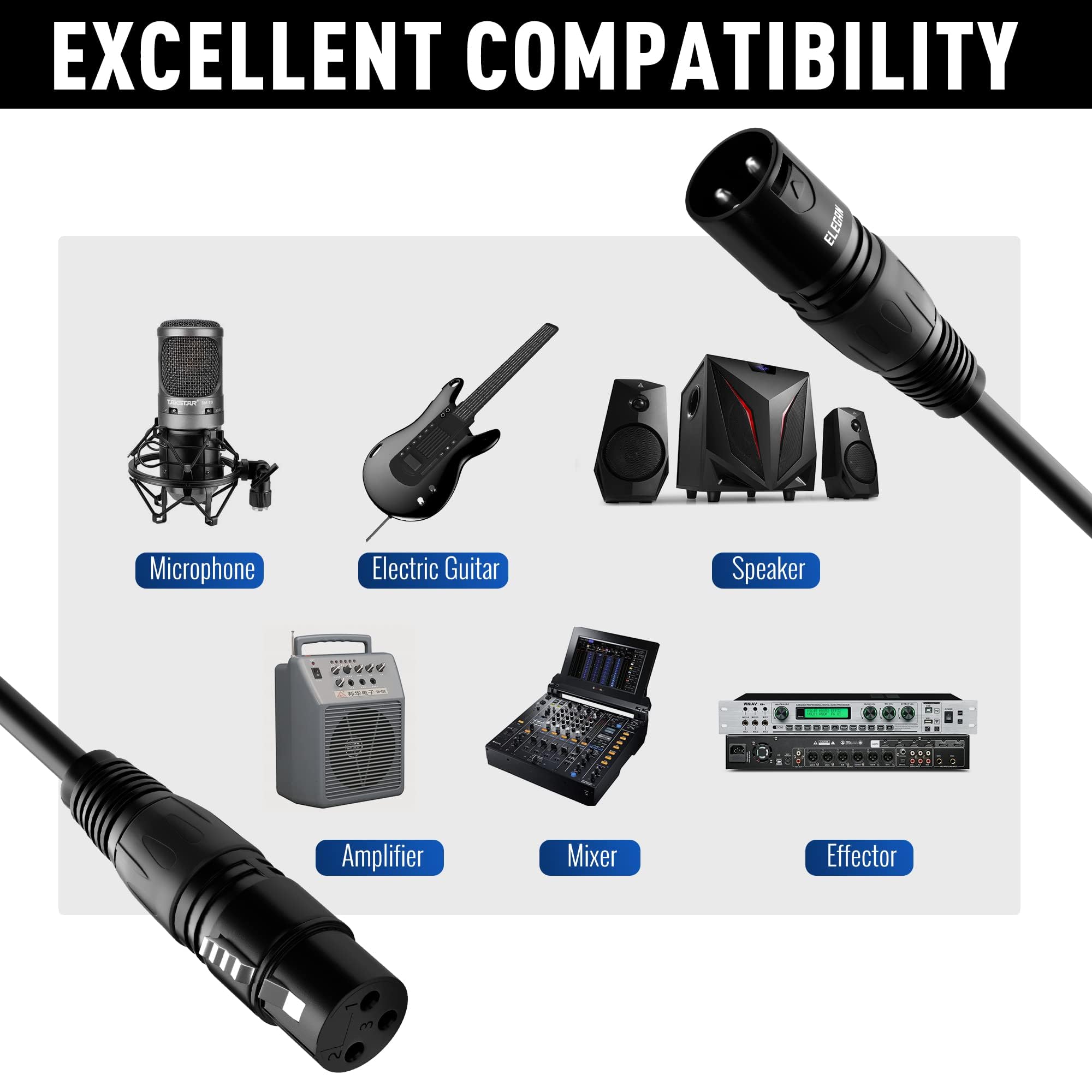 Elecan XLR-Kabel, Mikrofonkabel, 4,5 m, strapazierfähig, symmetrisch, XLR-Lautsprecherkabel (von 7,6 - 60 m), 3-polig, geschirmt, Stecker auf Buchse, DMX-Stagebeleuchtung, Patchkabel für