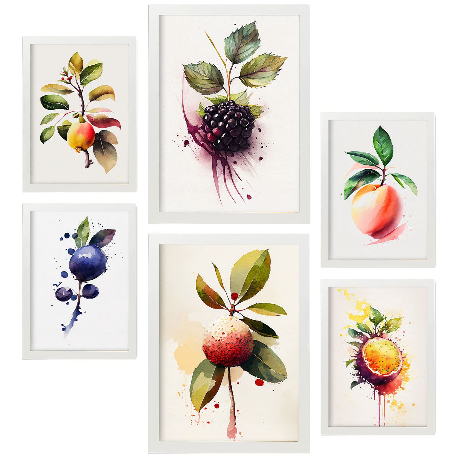 Nacnic Posters di Bacche e Pesche. Stampe di Frutta, Verdura e Cibi Sani in Stile Acquerello su Sfondi Bianchi Puri. Progettazione e decorazione d'interni. A4 & A3 Cornici bianche.
