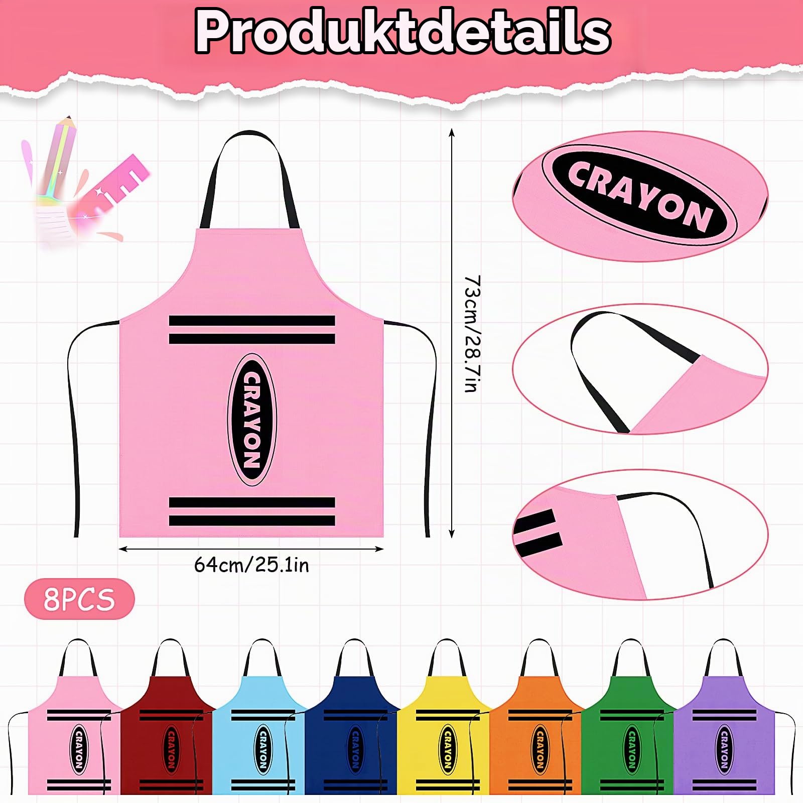 8-teiliges Buntstift Kostüm Set für Erwachsene, Crayon Schürzenset Lustige Kostüm-Schürze mit Hut für Party, Karneval, Geburtstag, Gruppenaktivitäten & Mottoparty