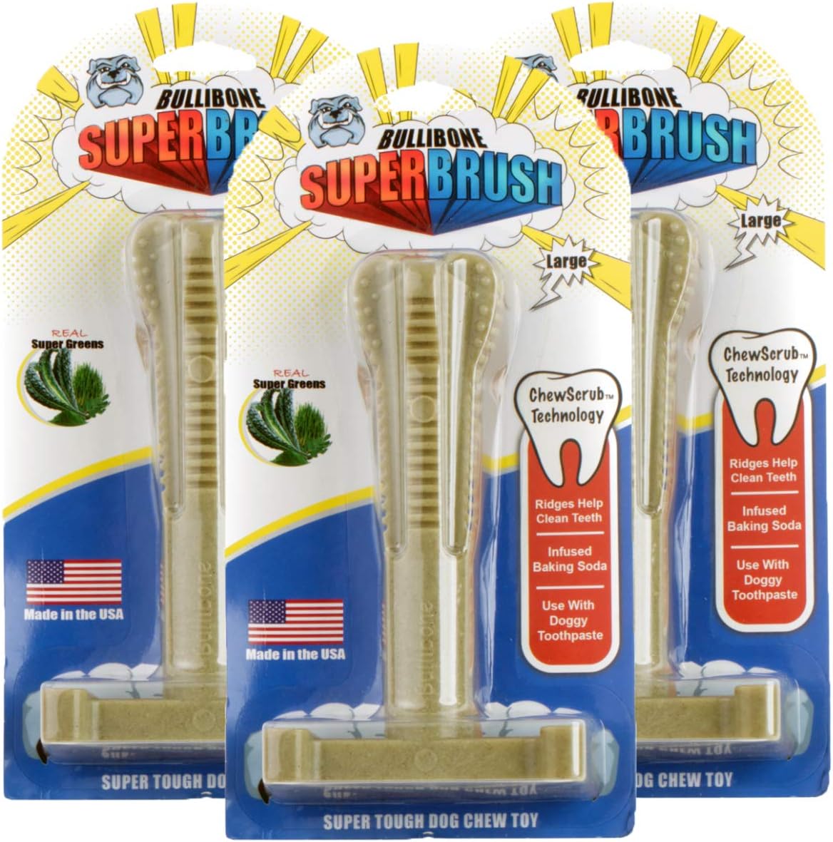Bullibone SuperBrush Dog Dental Chew Toy for Small and Medium Breeds (3 Pack) - Long Lasting Nylon Toothbrush Stick for Teeth Cleaning, Rawhide Free, Made in USA, Super Greens