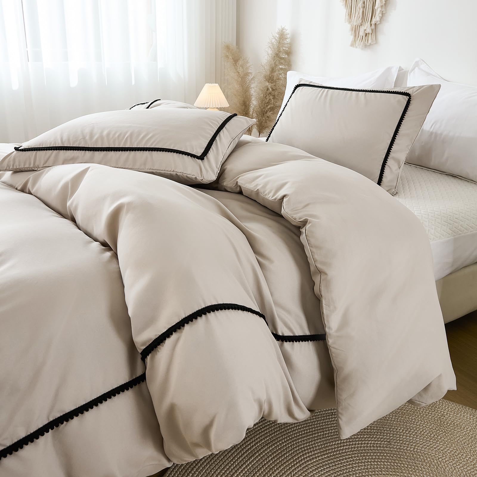 Herside Black Pom Pom Bedding Set Single Size 2PCS Solid Taupe Duvet Cover Set Country Rustic Bedding Quilt Cover Soft Microfibre Quilt Cover All Season Reversible Bedding Set