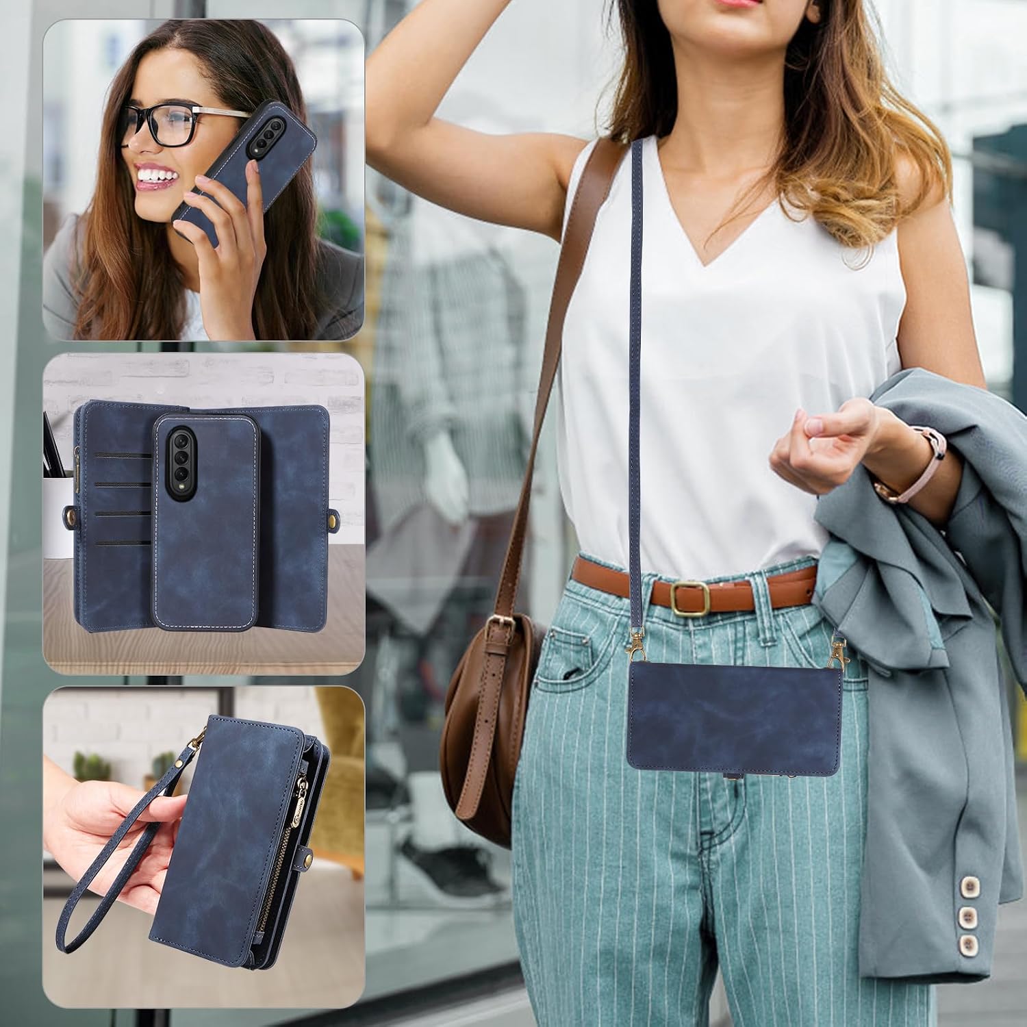 Images showing the phone case being carried with a wrist strap and a crossbody strap.