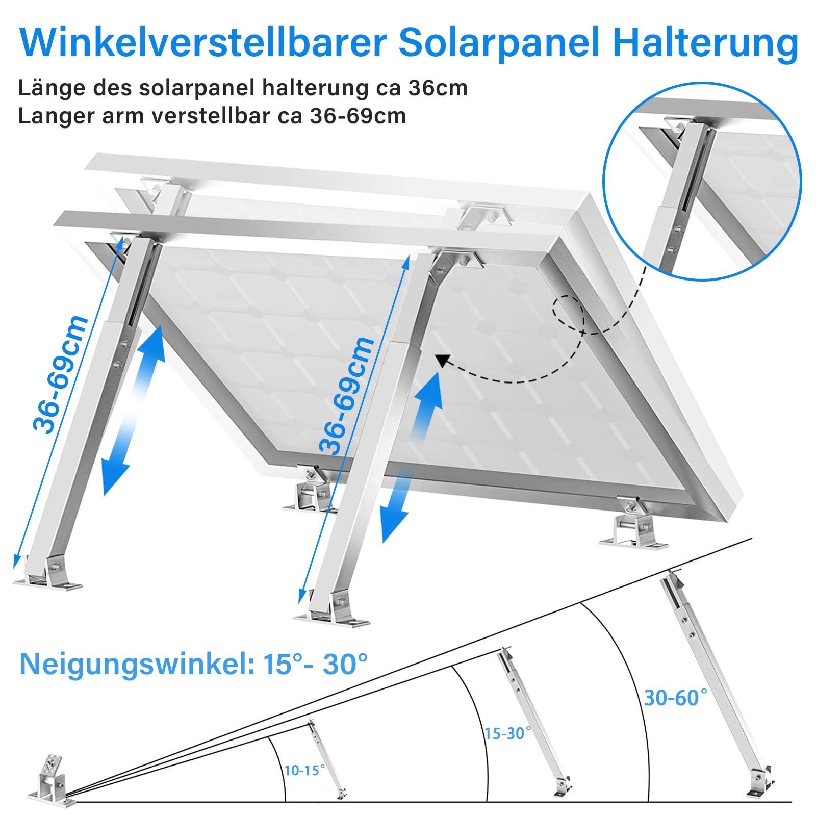 Supporto per Centrali Da Balcone In Alluminio,1 Paia Di Supporti per Pannelli Solari, Supporto per Pannelli Solari Regolabile a 15 – 30 °, Supporto per Tetto Piano, Parete, Barca, Camper